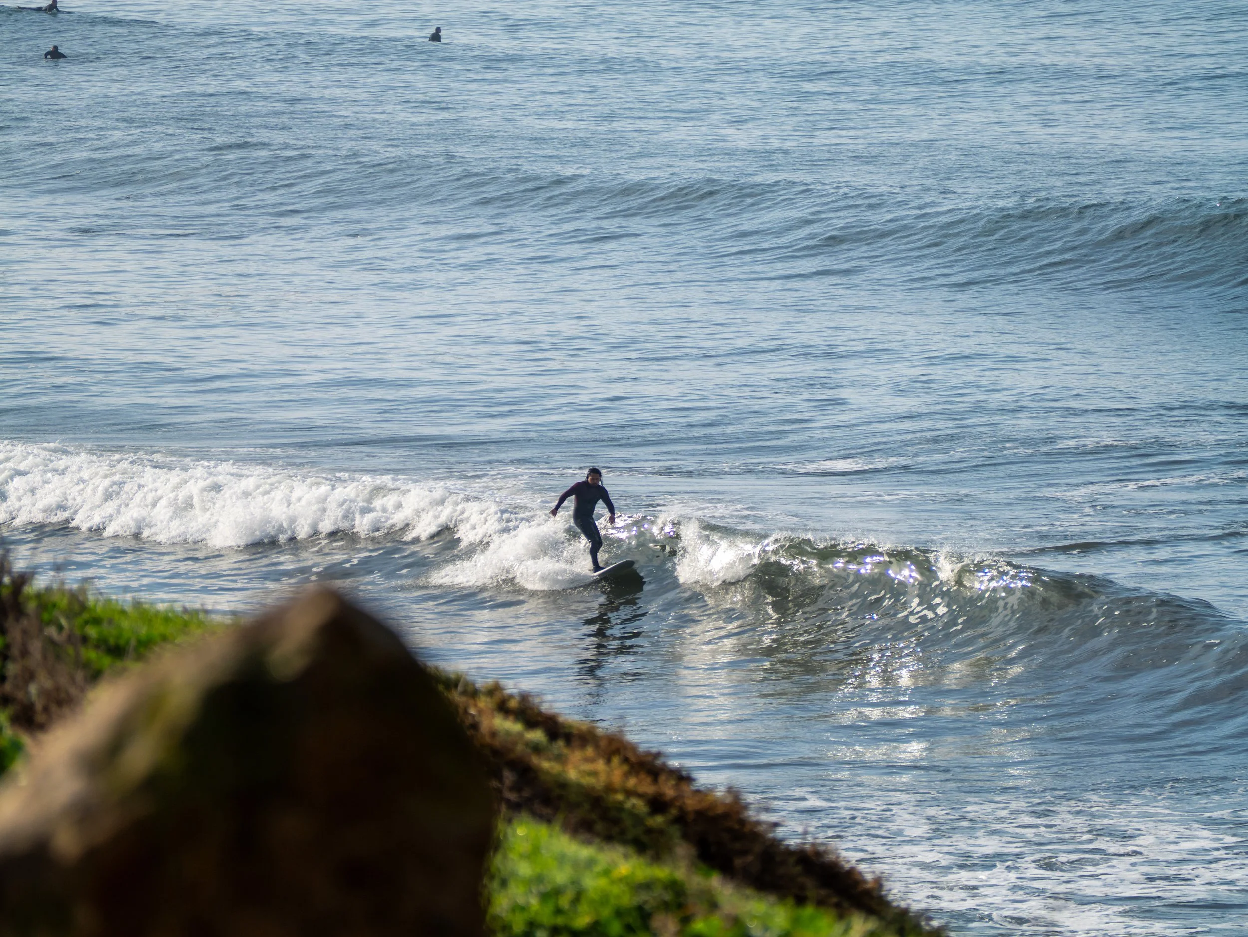 A person surfing on a small wave at the beach, with rocks and green grass in the foreground and other surfers in the distance.