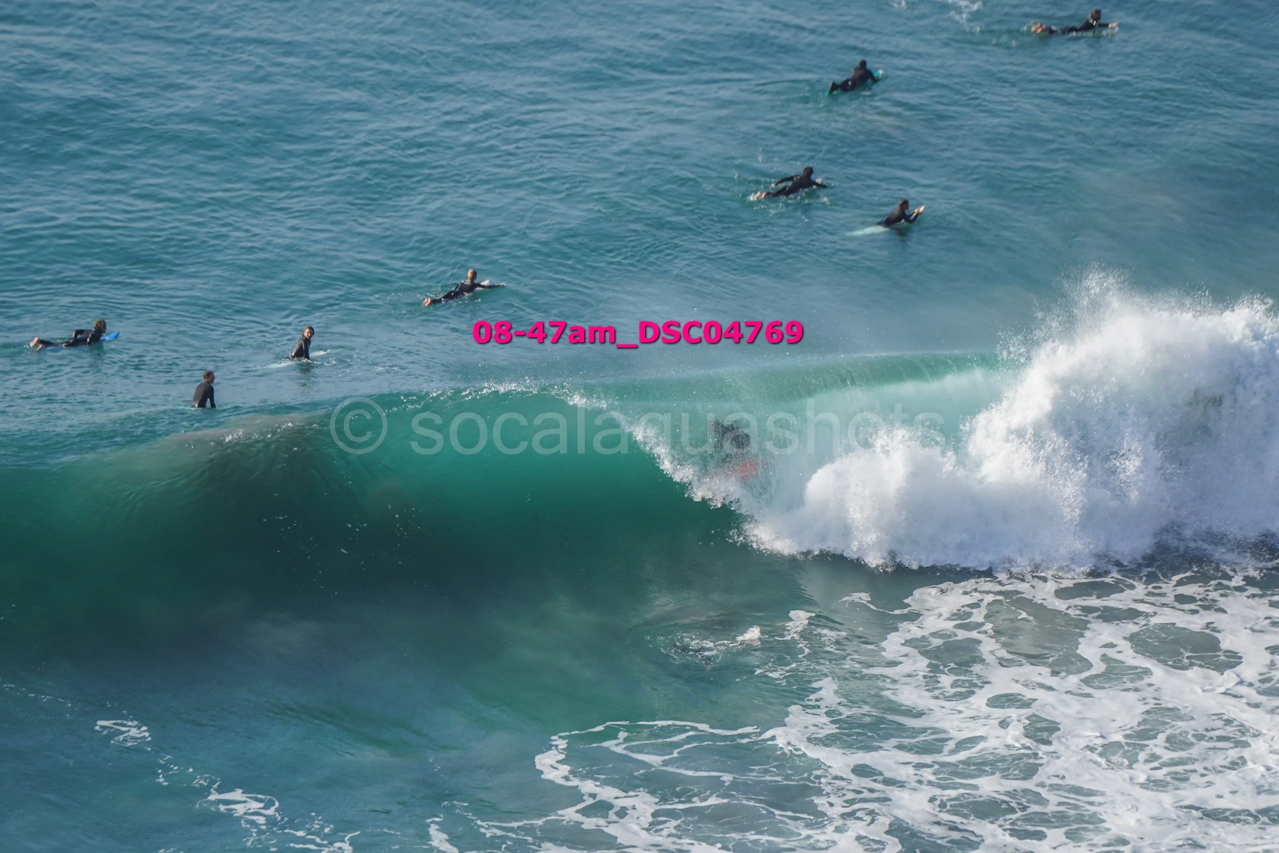 Group of surfers in the ocean, some riding a wave while others wait in the water