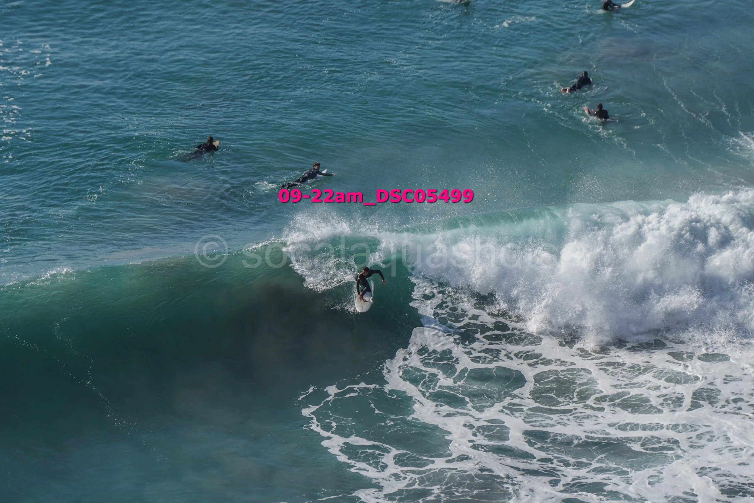 Surfer riding a wave near the shore with several people swimming in the water nearby.