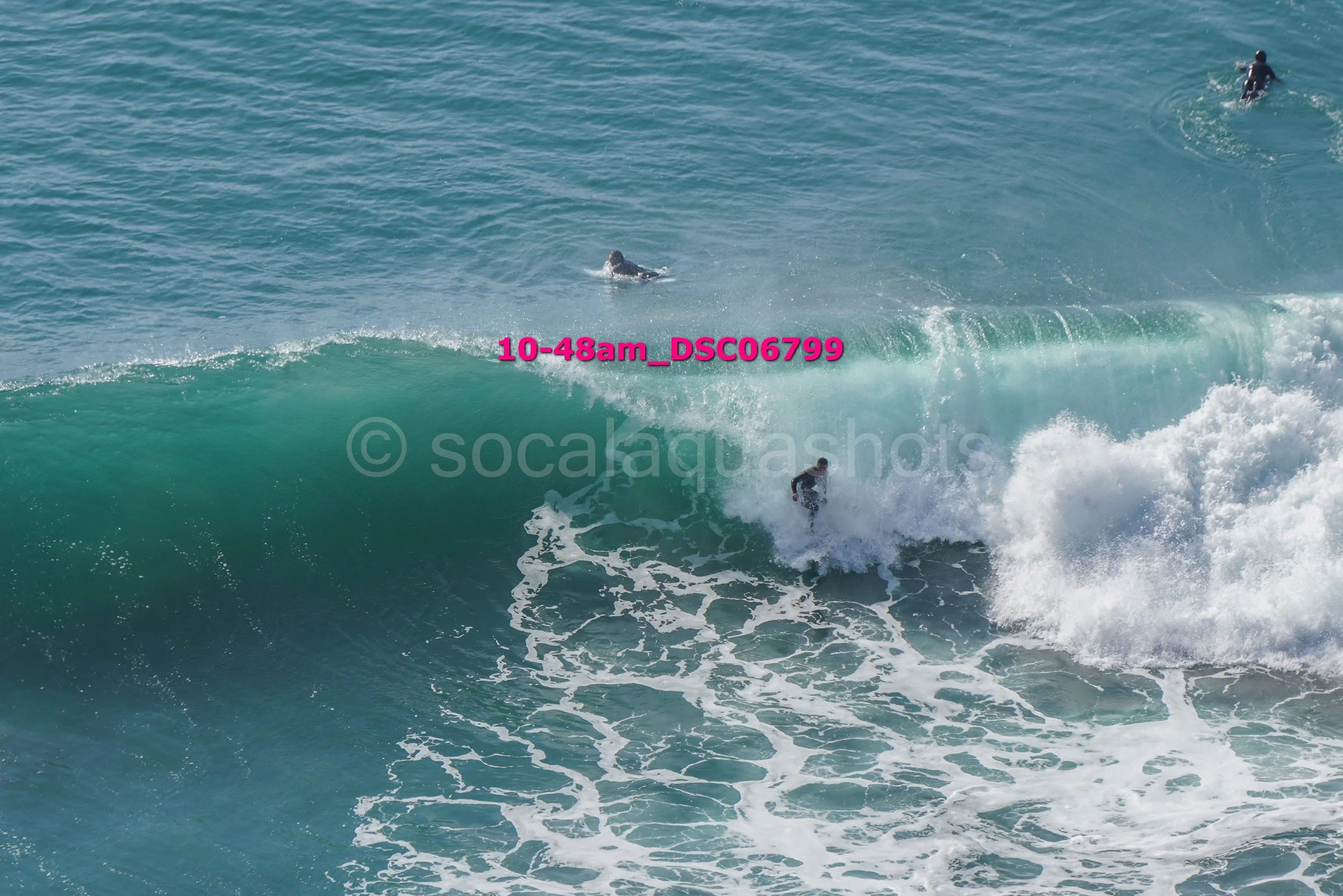 Surfers riding ocean waves at the beach.