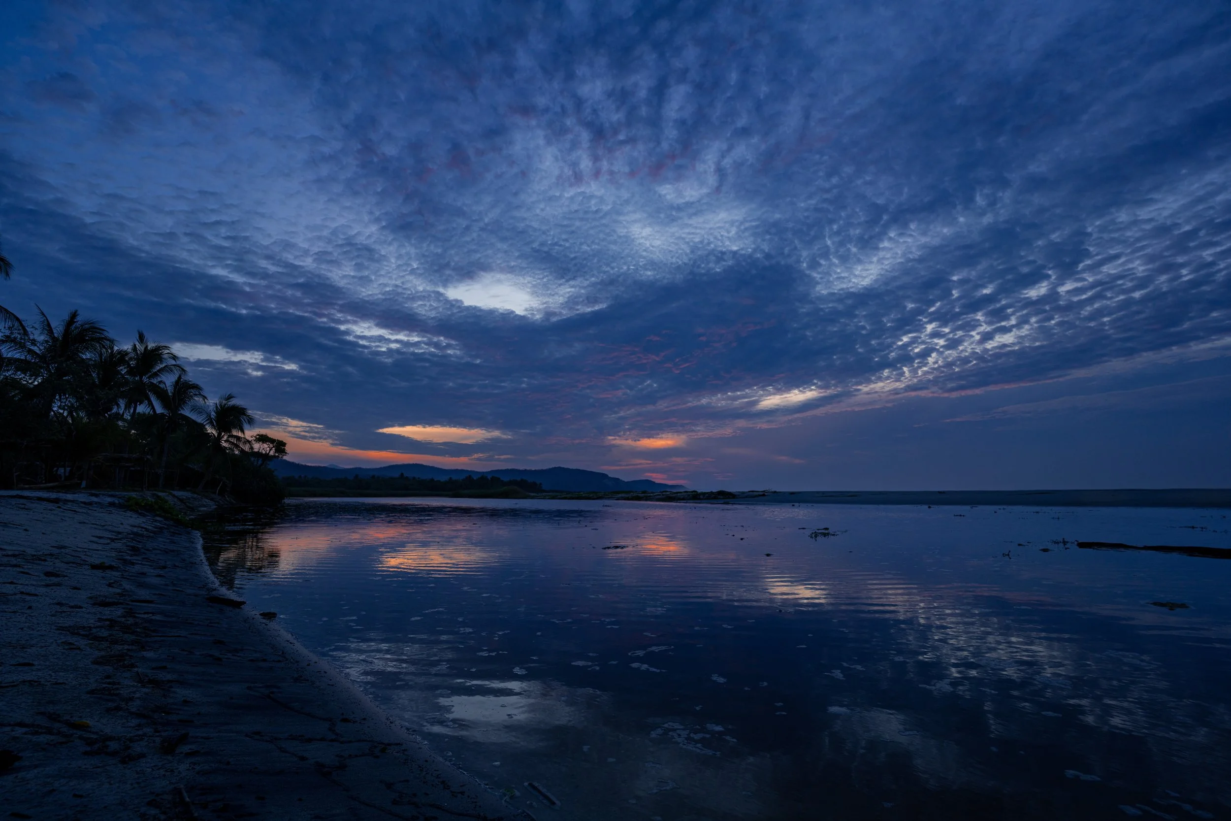 A peaceful beach at sunset with a partly cloudy sky, silhouettes of palm trees, and gentle waves reflecting the sky.