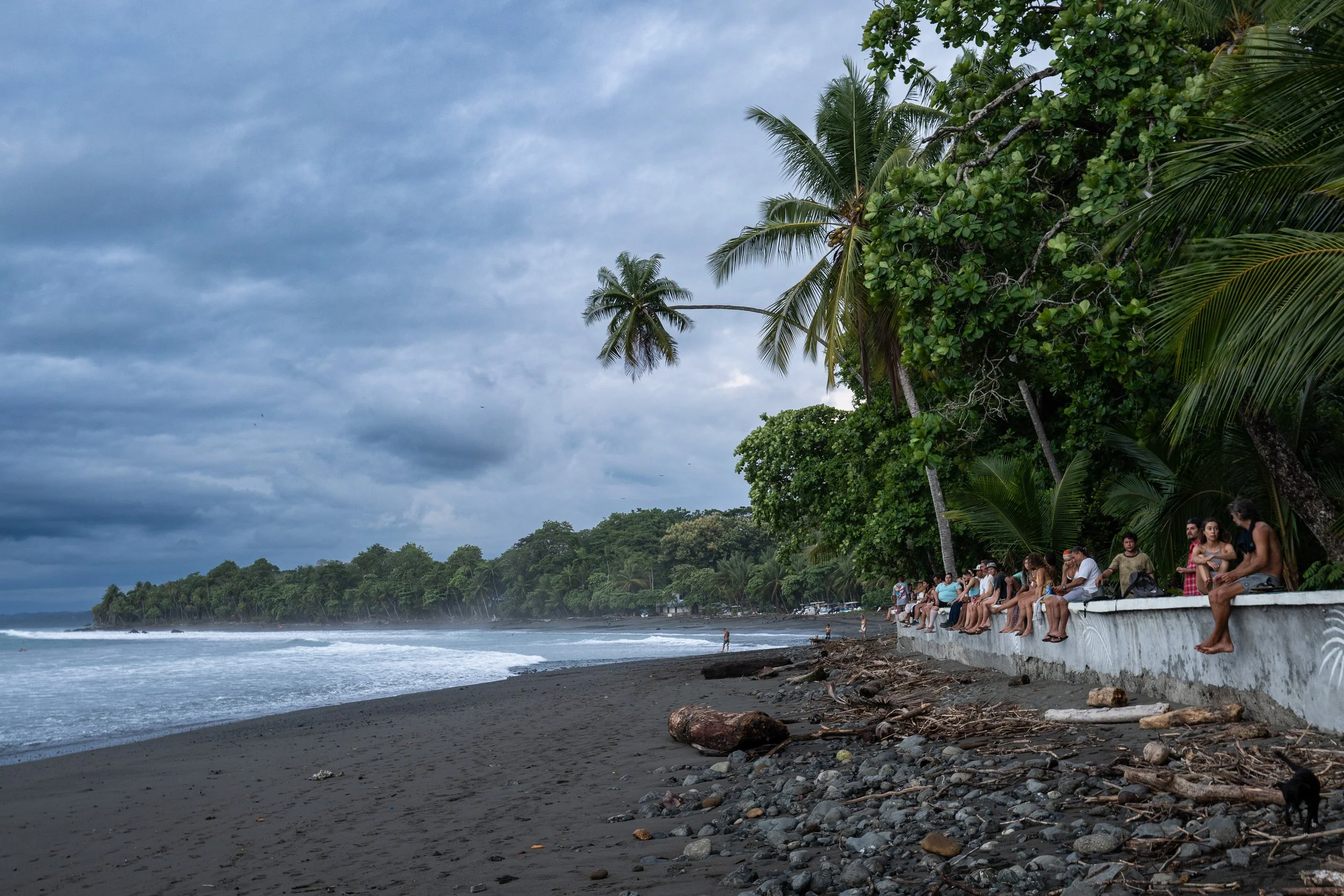 People sitting on a concrete ledge along a tropical beach with palm trees and lush greenery, overcast sky, waves crashing on the shore, and some individuals standing or walking nearby.