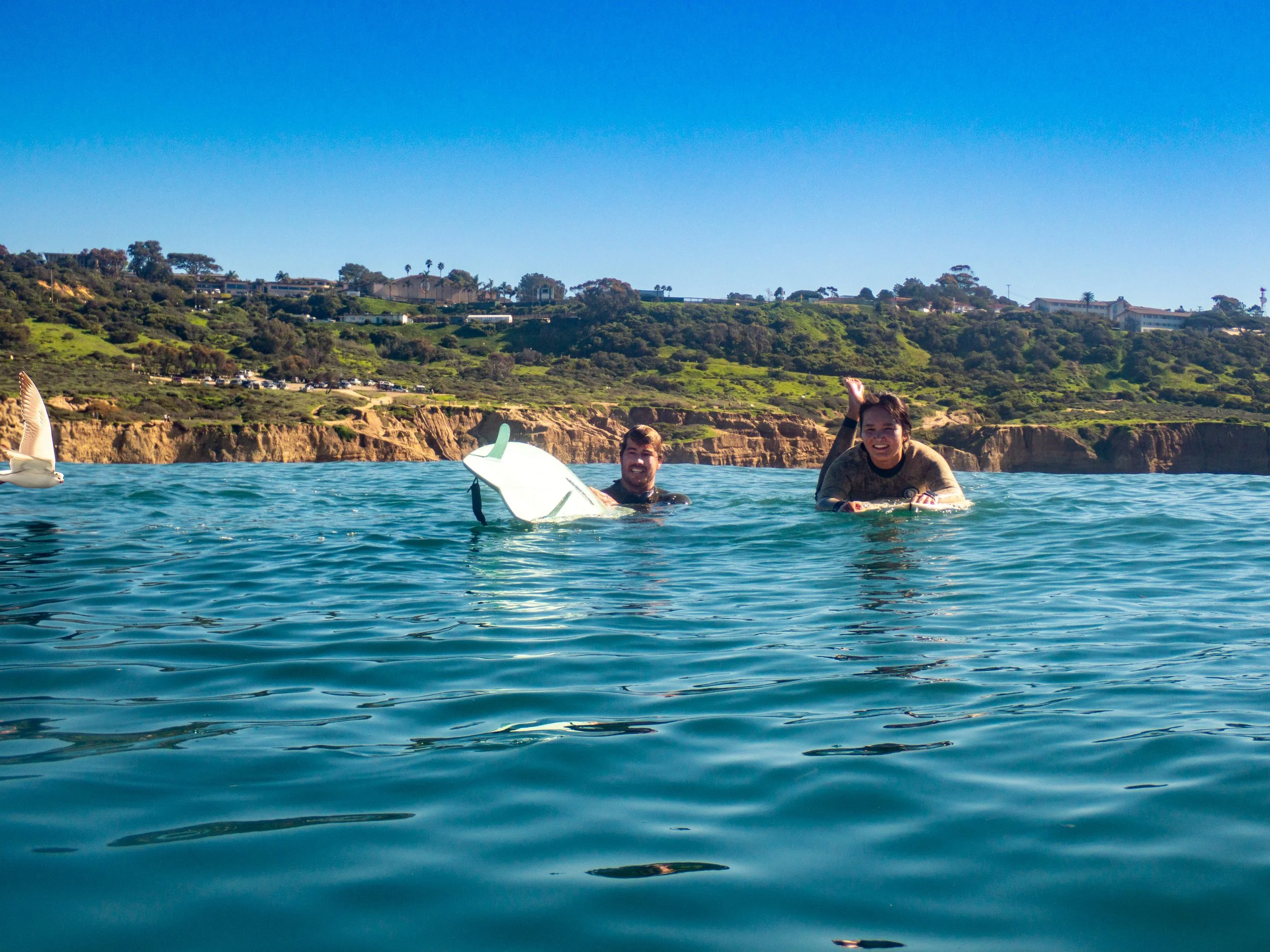 Two people in the water near the beach, one with a surfboard, smiling, with a hilly coastline and clear blue sky in the background.