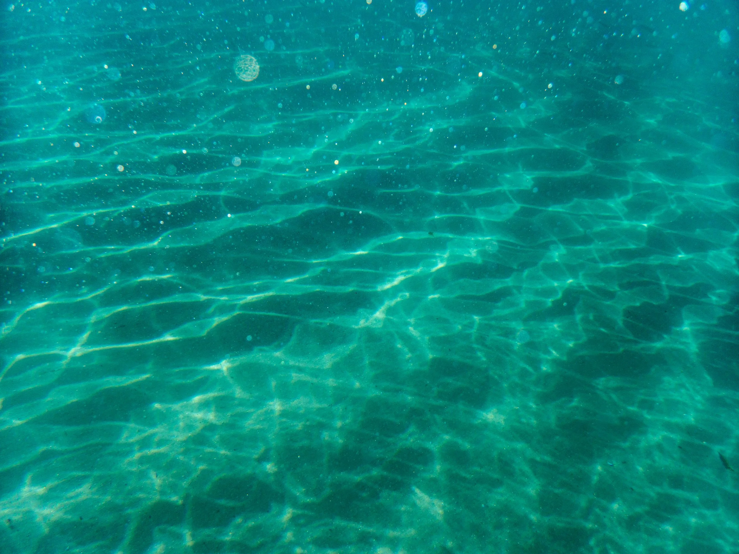 Underwater view of a sandy ocean floor with sunlight creating rippling patterns on the sand and small floating particles in the water.