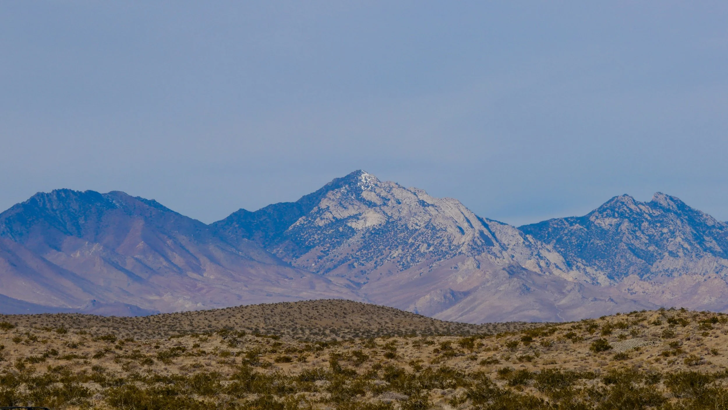 Mountain range with sparse desert vegetation, clear blue sky