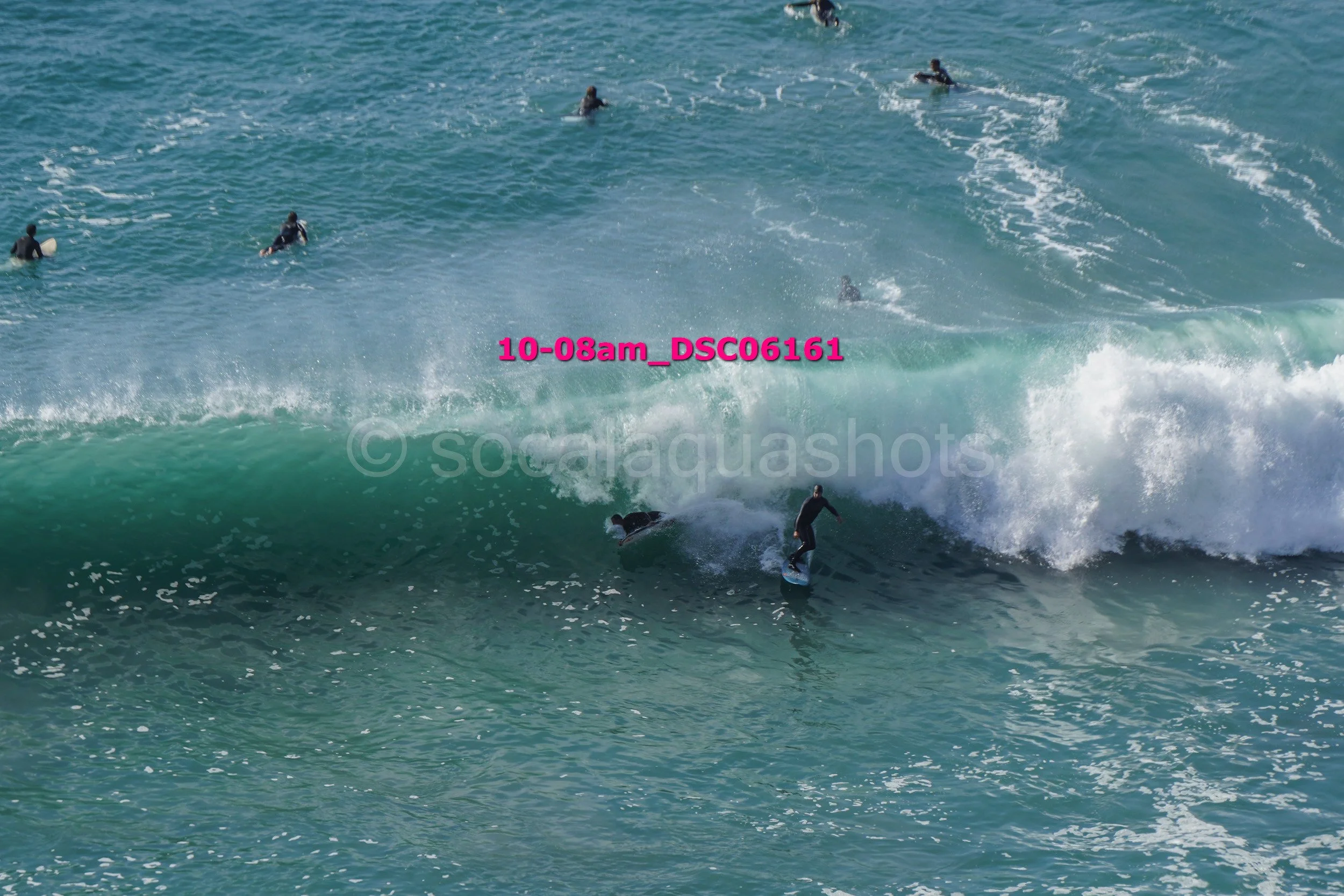 A group of surfers riding and waiting for waves in the ocean, with one surfer catching a wave close to the shore.