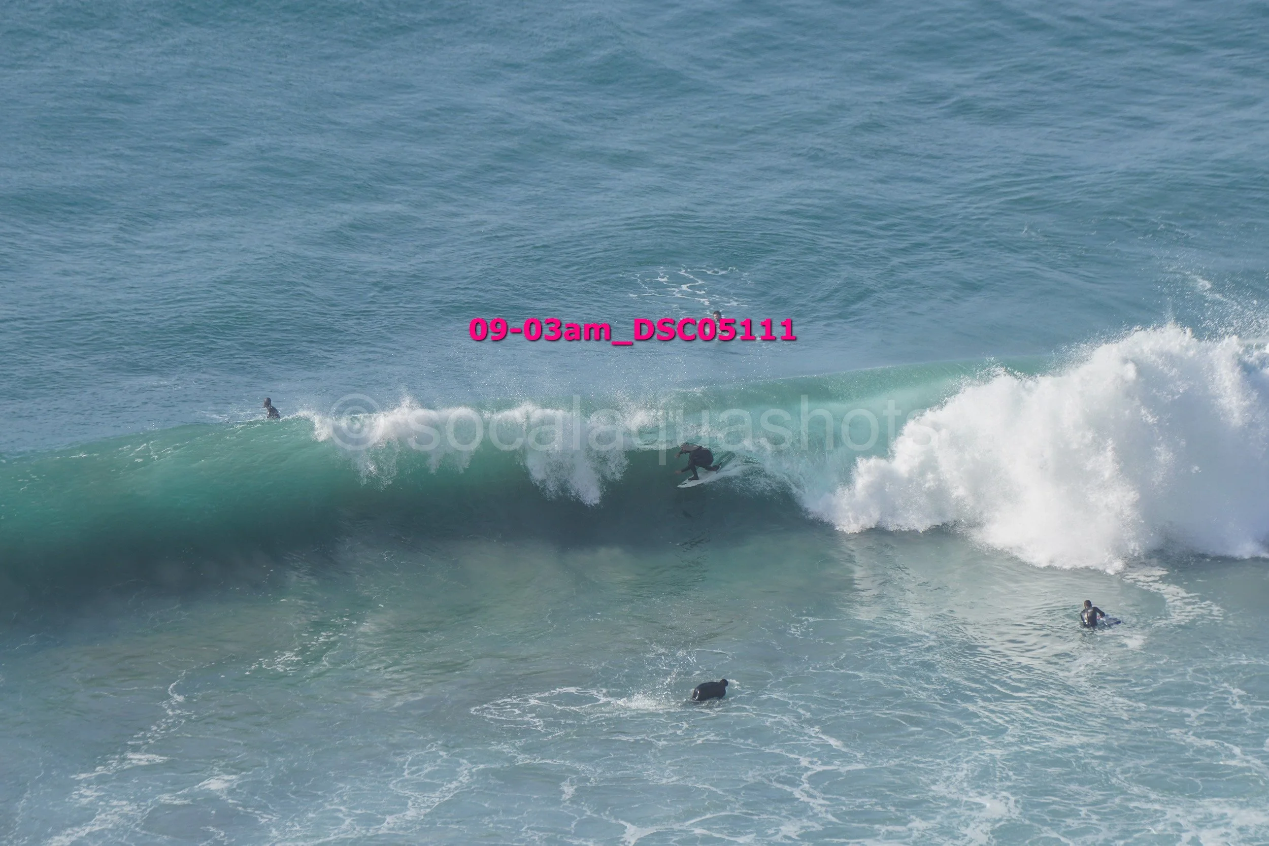 Surfing in the ocean with a surfer riding a wave surrounded by other surfers and swimmers.