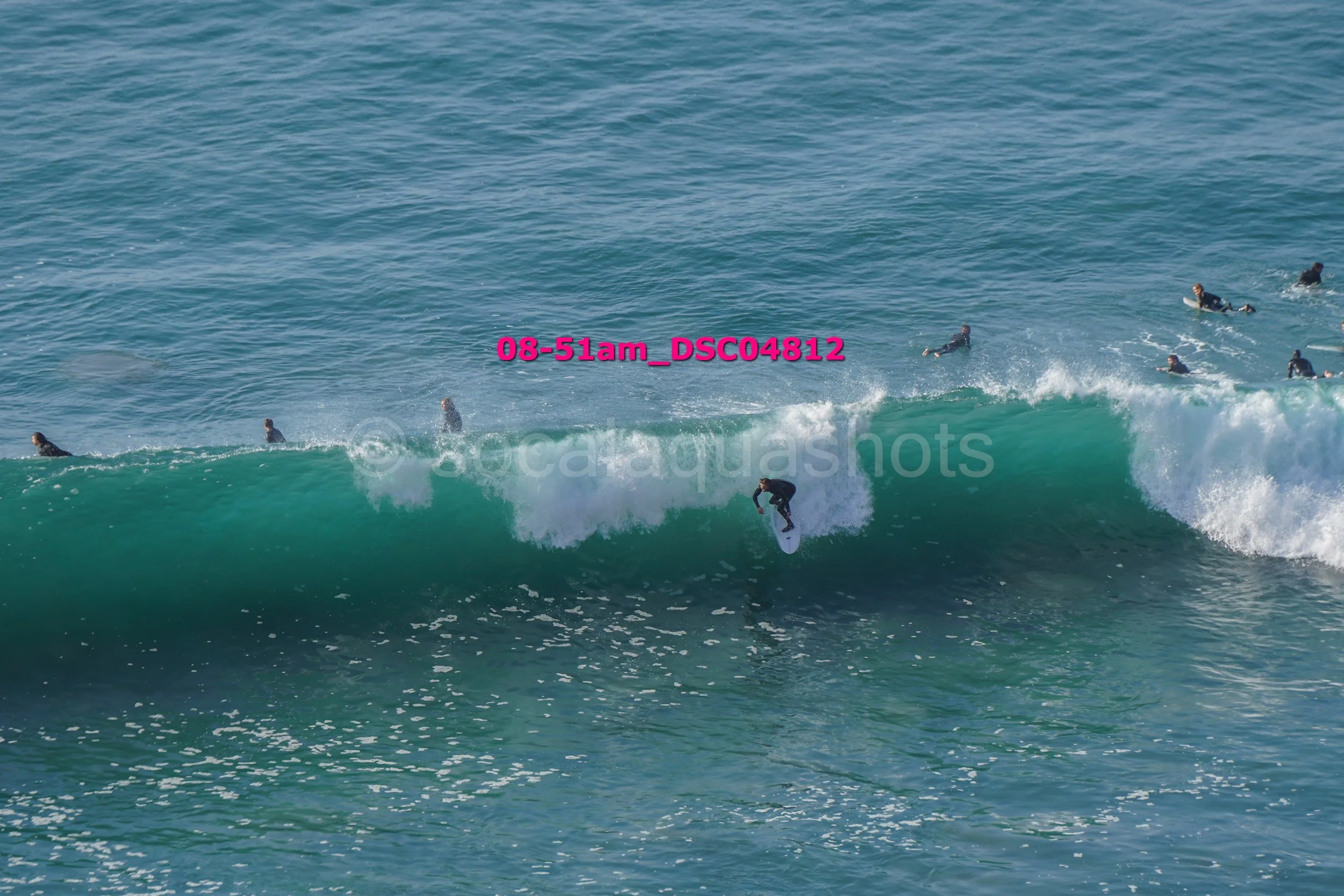 Surfer riding a wave with multiple people in wetsuits swimming nearby in the ocean.