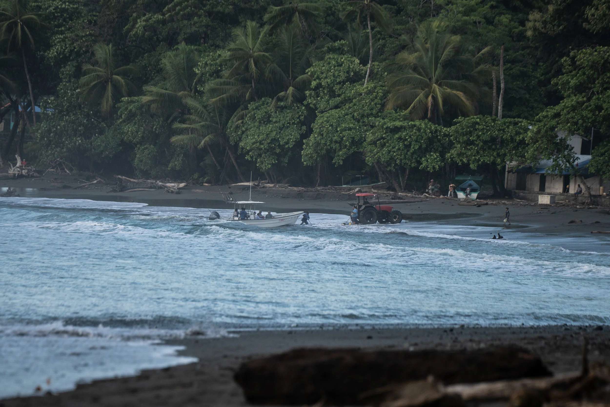 People on a boat near a black sandy beach with lush green trees and palm trees in the background, and a tractor on the shore.