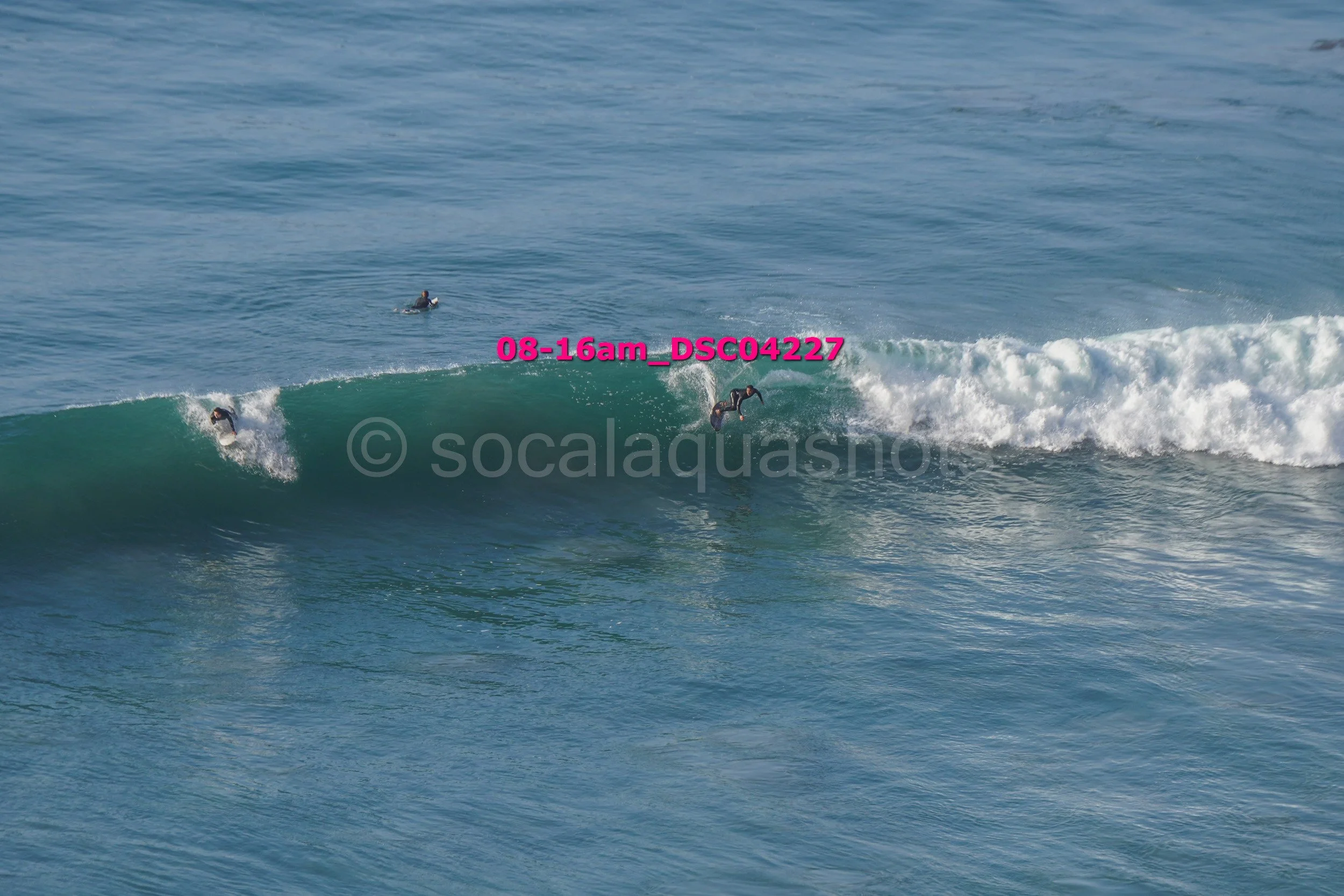 Surfers riding a wave with two surfers on the wave and one in the water nearby, in the ocean
