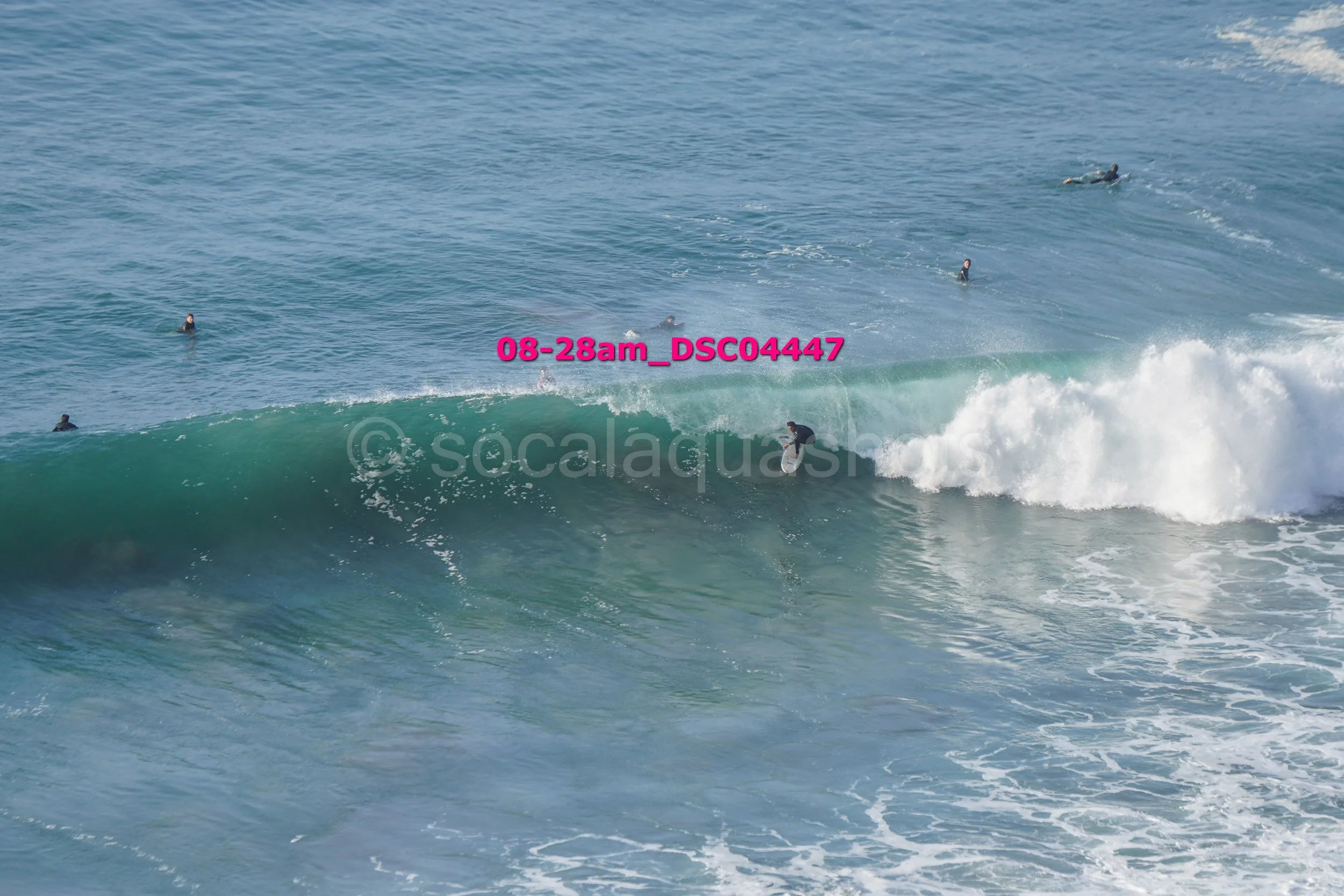 Surfer riding a wave in the ocean with several other people in the water nearby.