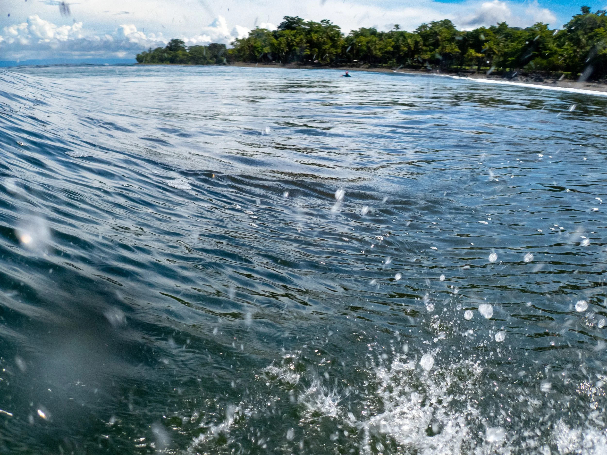 View of ocean water with splashes and ripples, a swimmer near the shore, and a lush green forest in the background under a partly cloudy sky.