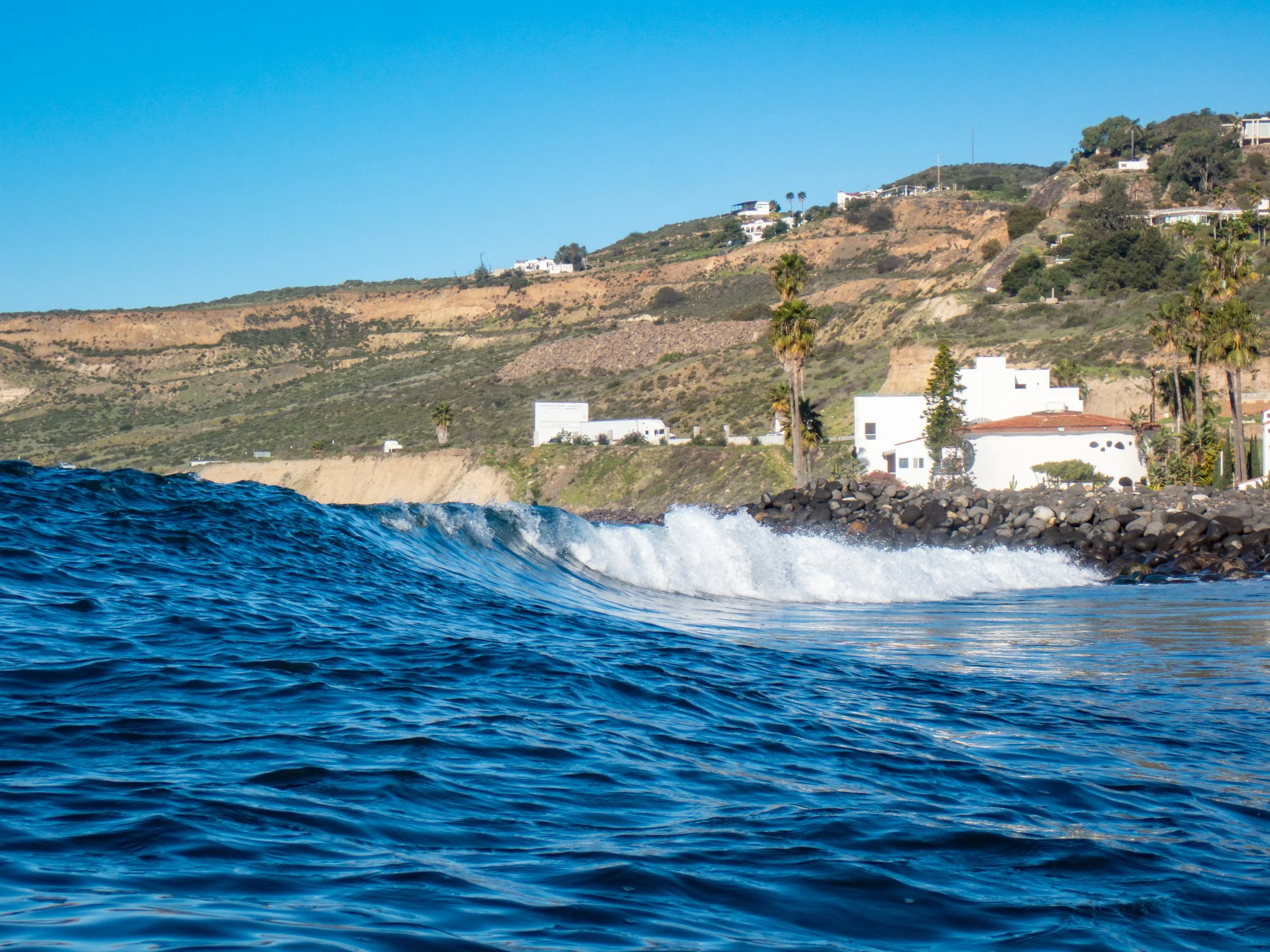 Ocean waves near a rocky shoreline with white buildings and palm trees on a hillside, under a clear blue sky.