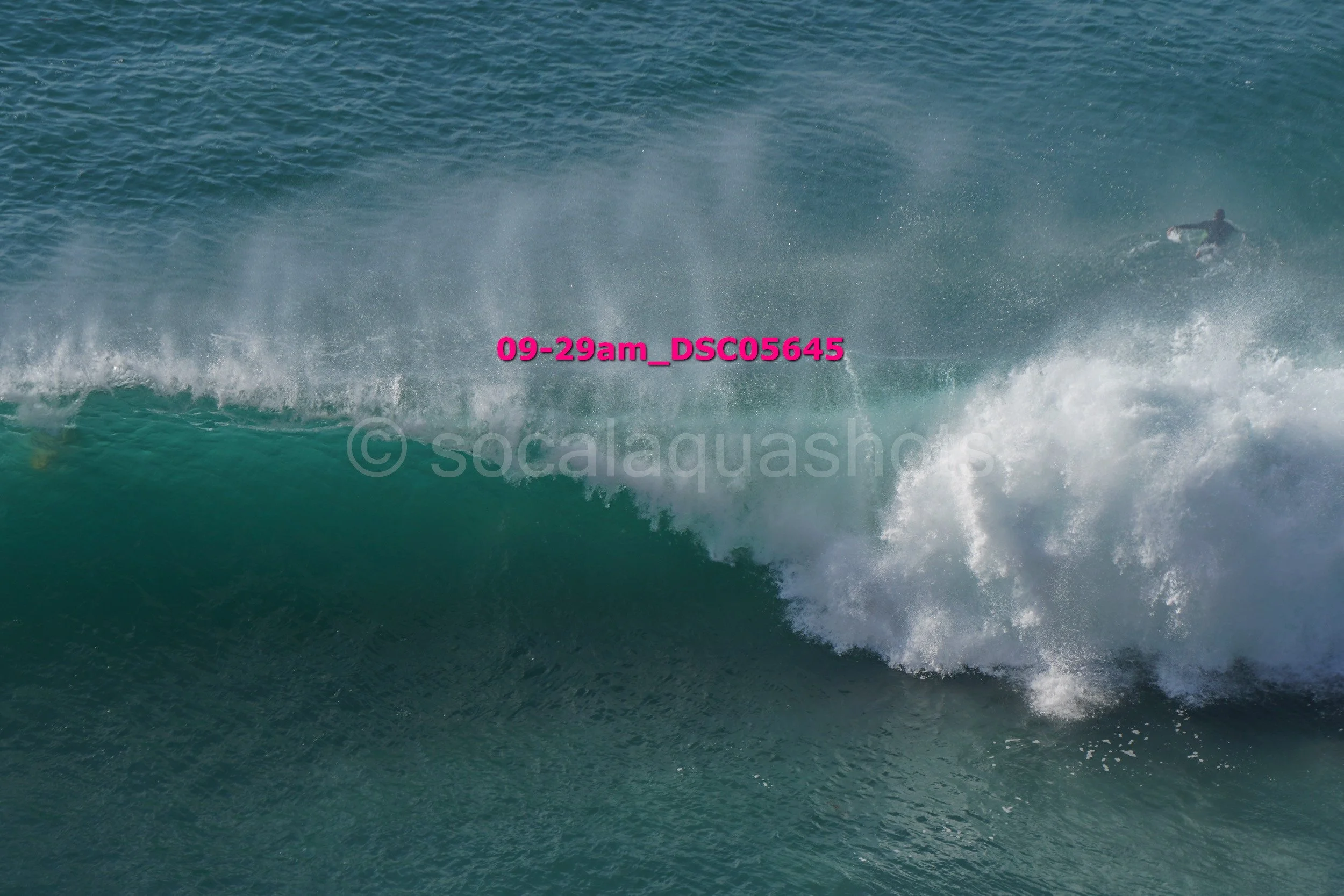 Surfer riding a large ocean wave with white foamy crest, background showing clear blue water.