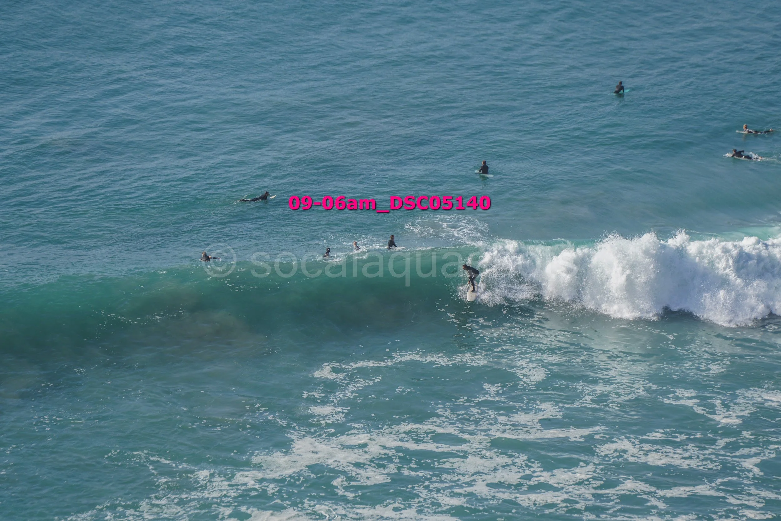 Surfers riding and waiting for waves in the ocean on a sunny day.