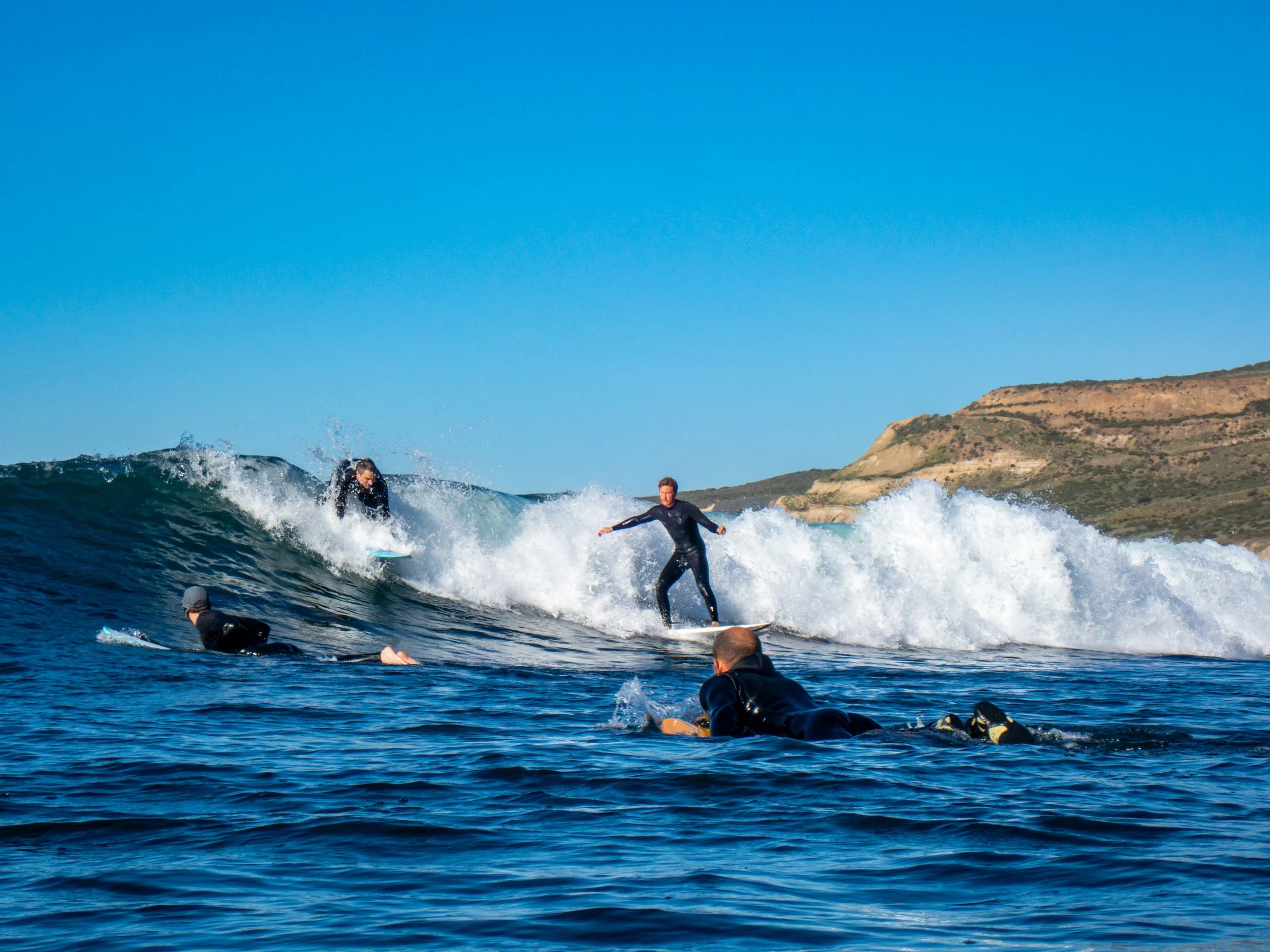 Four surfers in wetsuits riding and swimming in the ocean near a hilly coastline under a clear blue sky.