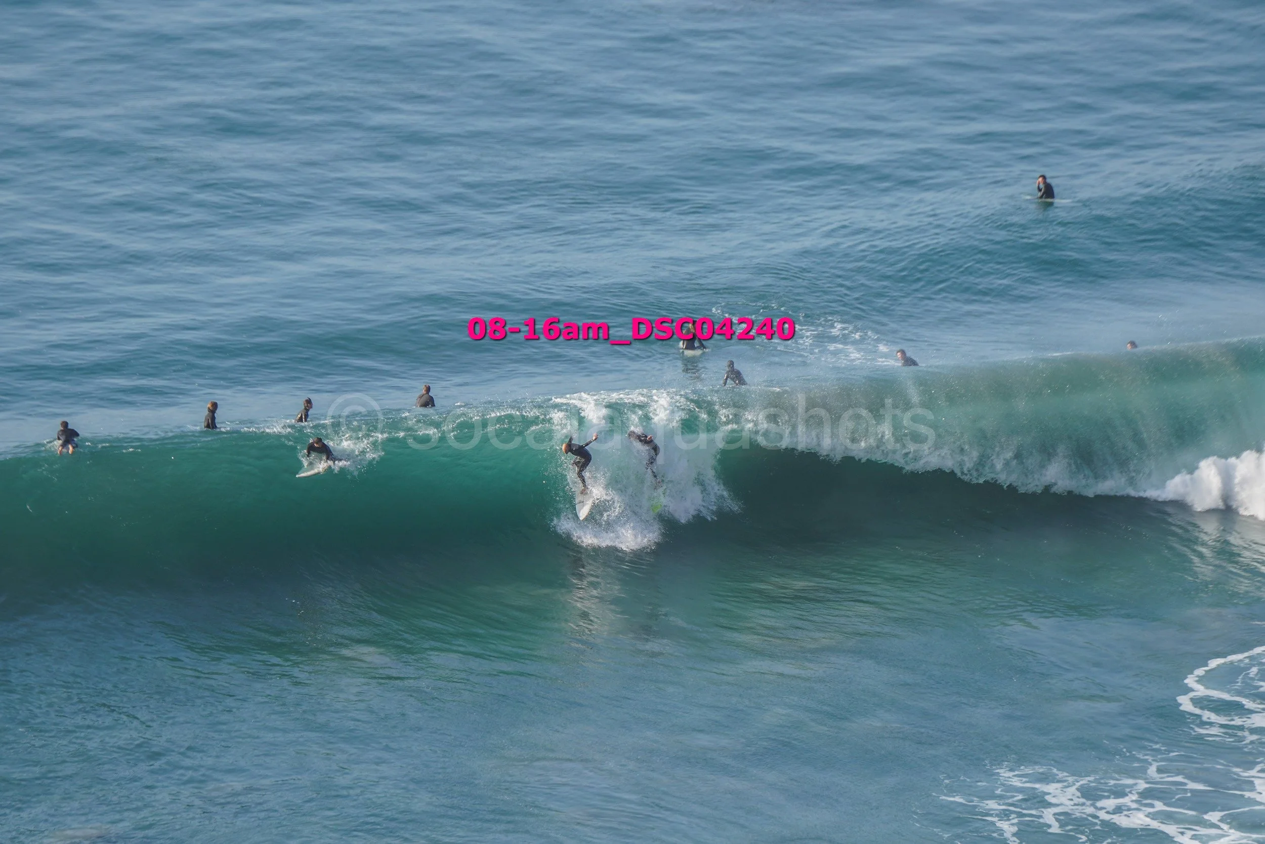Multiple surfers in wetsuits riding and waiting on the waves in the ocean.