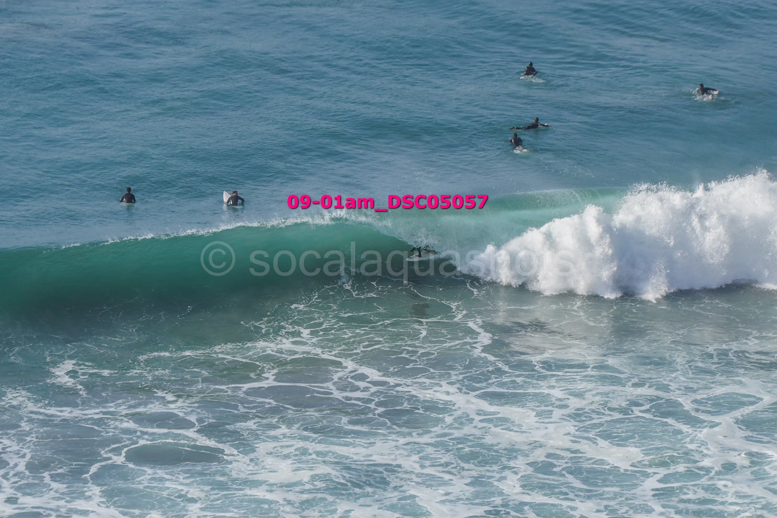Group of surfers in the ocean, some riding a wave while others wait in the water.