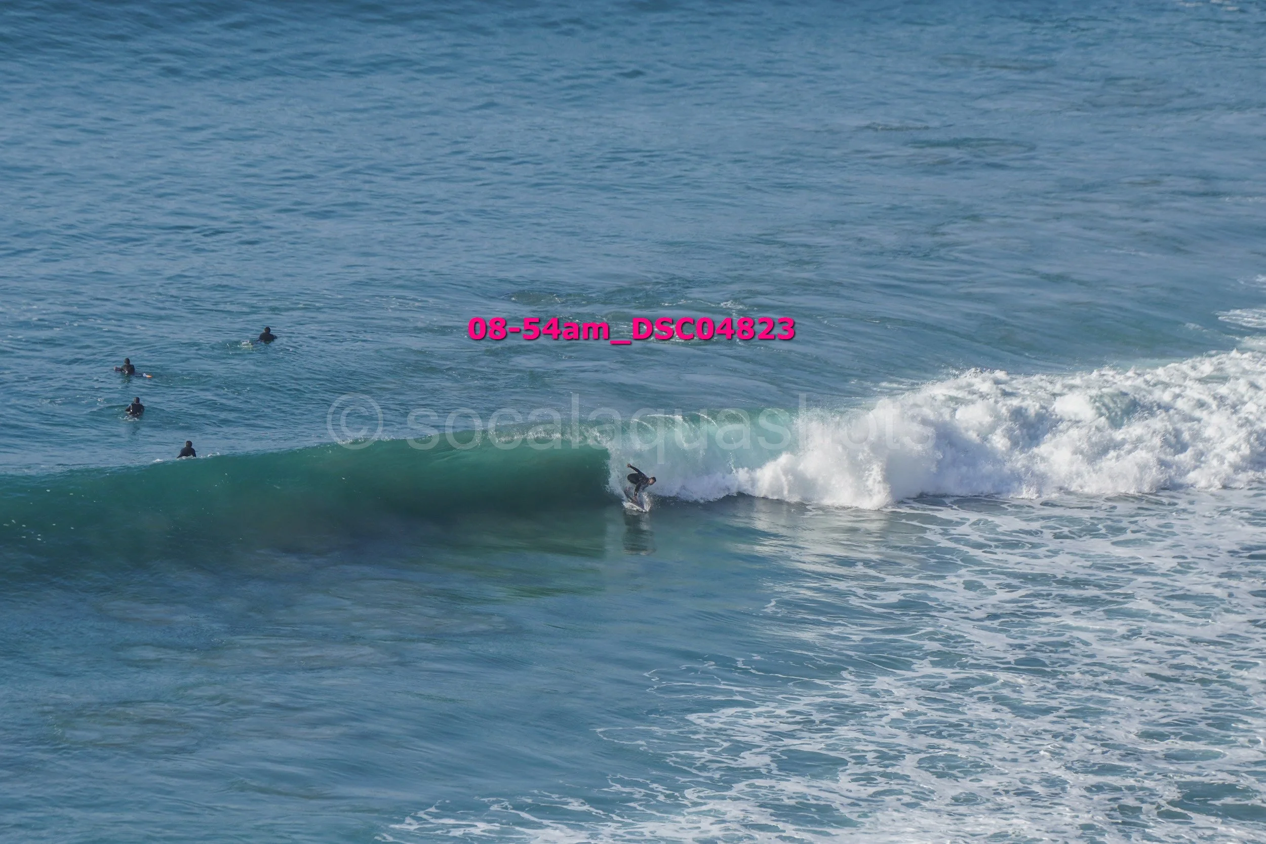 A group of surfers in the ocean, with some riding a wave and others waiting for their turn.