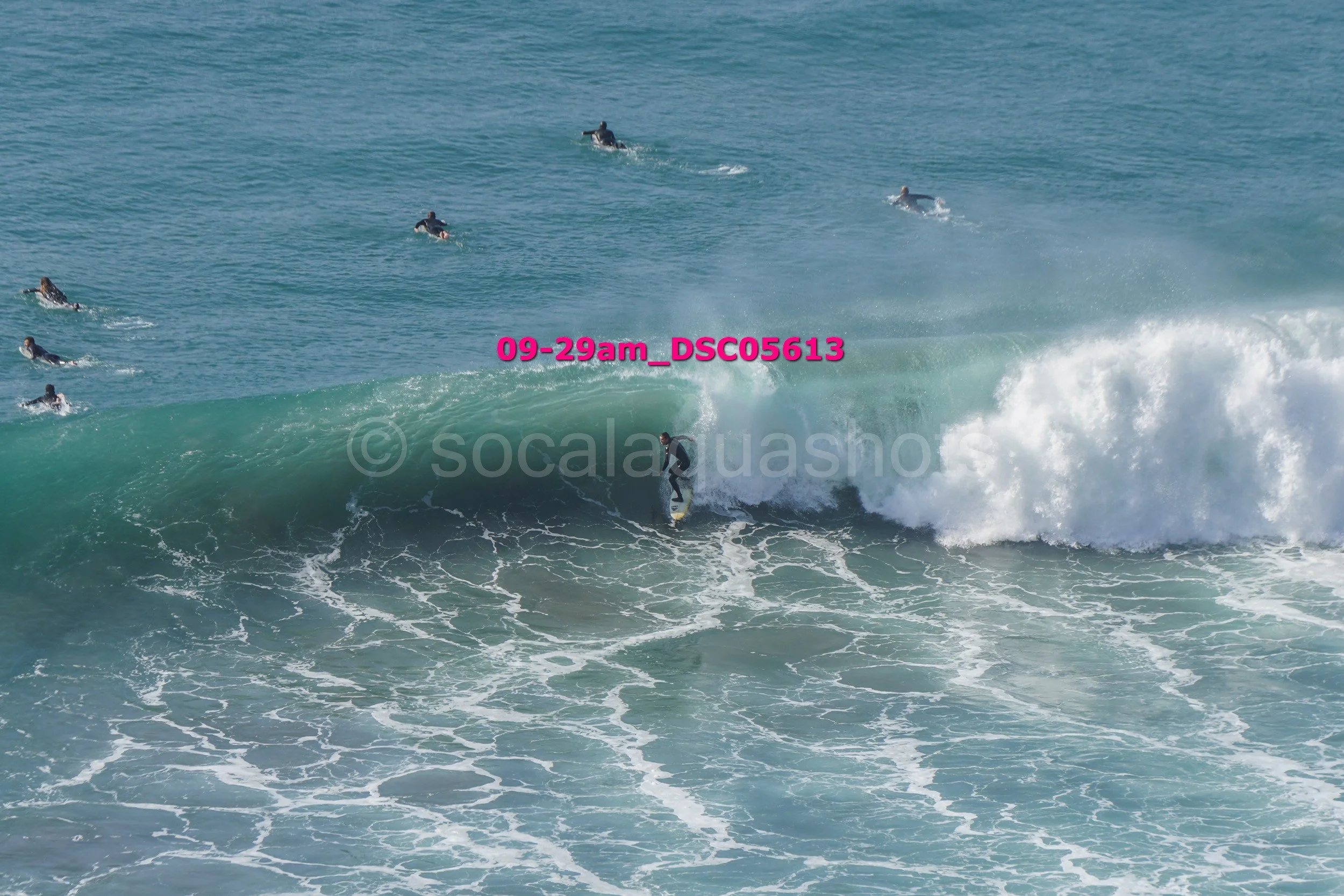 A person surfing on a wave at the beach with several other surfers in the water observing.