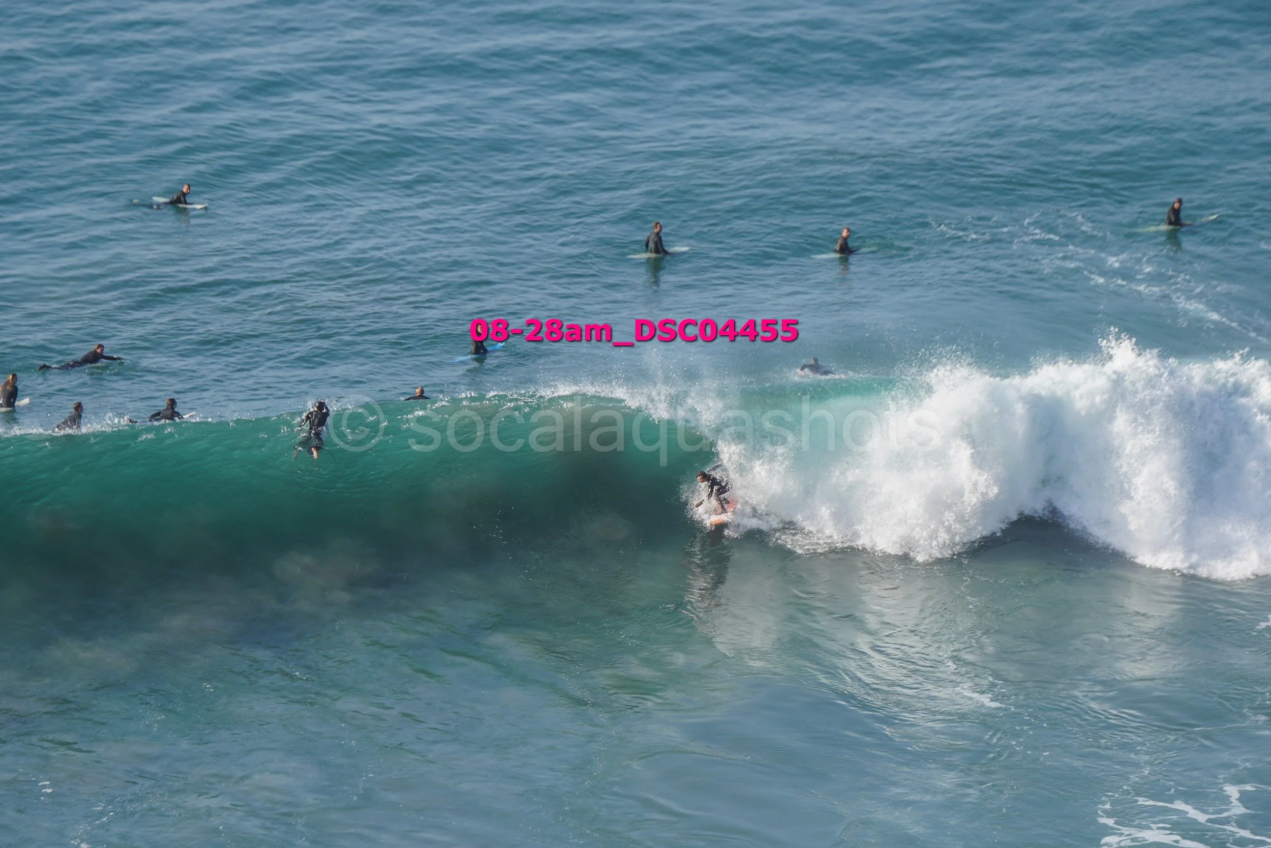 Surfers riding and waiting for waves in the ocean on a sunny day.