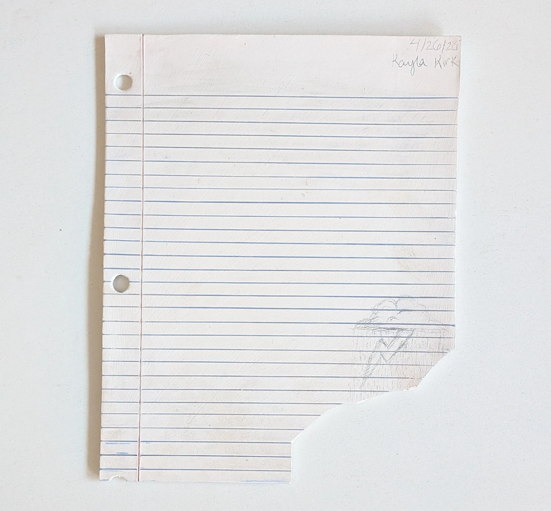 College Ruled Notebook Paper Study #3
Porcelain, underglaze, underglaze pencil,
2019