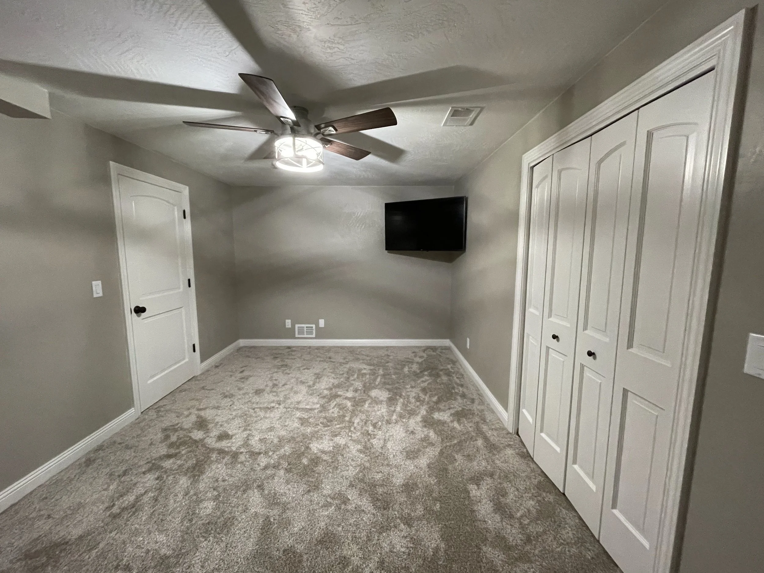 Finished off Basement interior painting bedroom gray white trim
