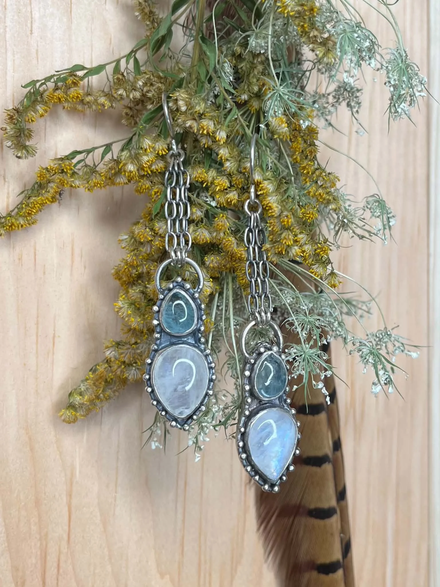 Morgana Dangle Earrings//Aquamarine Rainbow Moonstone & Sterling Silver