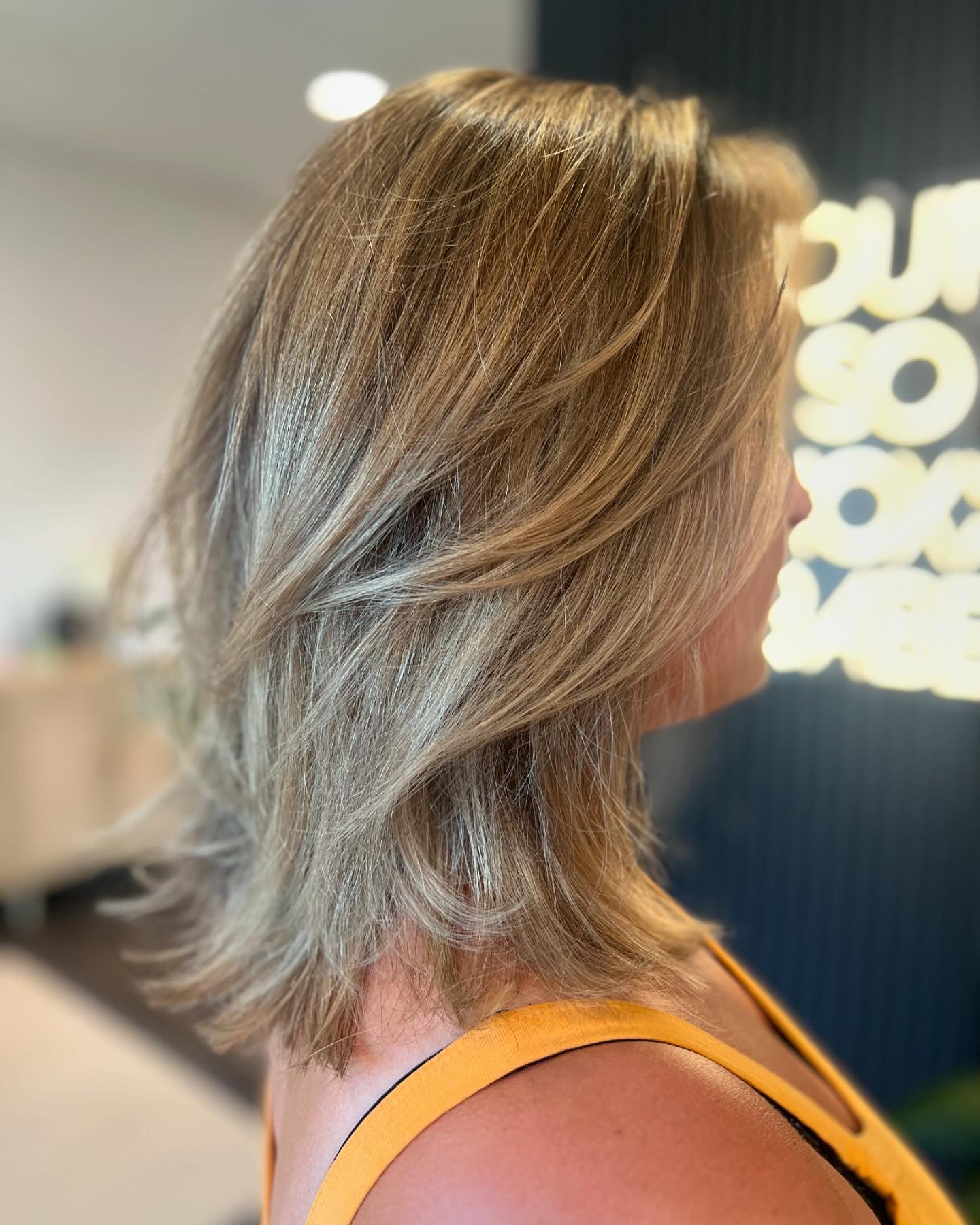 Another toned down blonde for that soft dimensional look! Cut and color was done by Cortney!