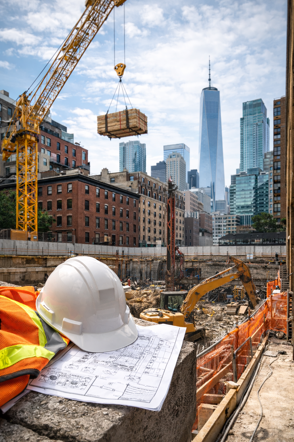 Construction site with a yellow crane lifting a pallet of materials, a white hard hat, safety vest, and construction plans in the foreground, skyscrapers in the background.