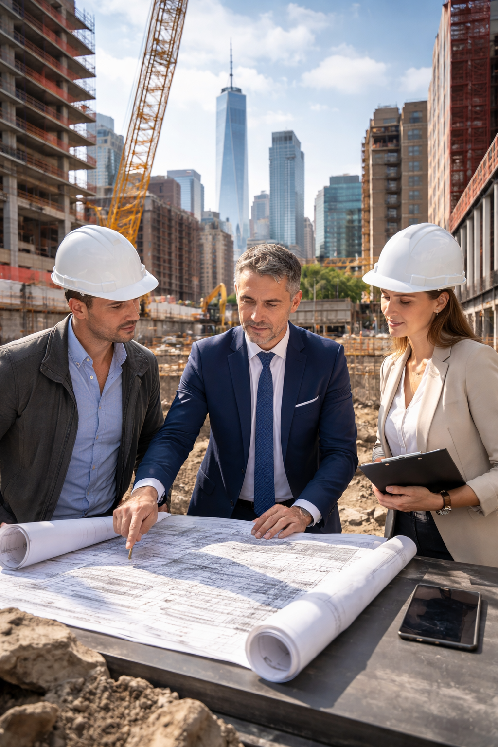 Three construction professionals, two women and one man, wearing hard hats and examining blueprints at a construction site with city skyscrapers in the background.