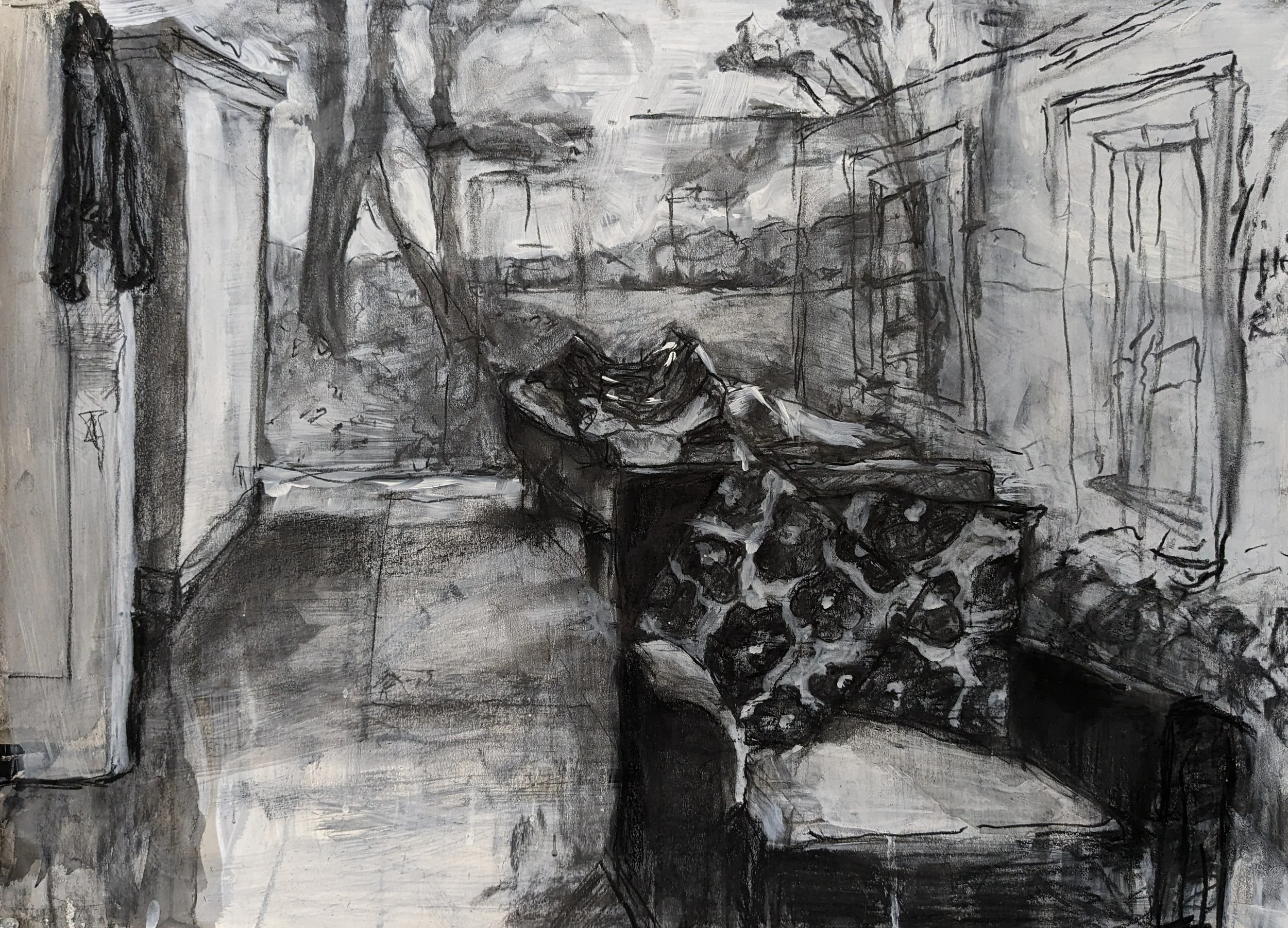Outside These Four Walls, 22" x  30", charcoal, gesso, & ink on paper, 2024