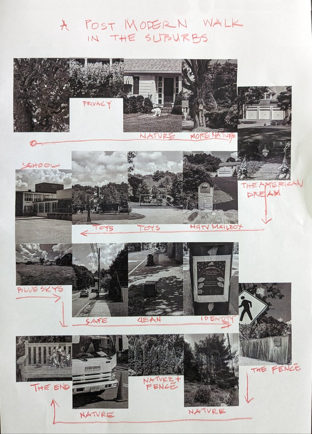 A Postmodern Walk in the Suburbs, 12" x 18", digital collage of photos with red pencil comments, 2023