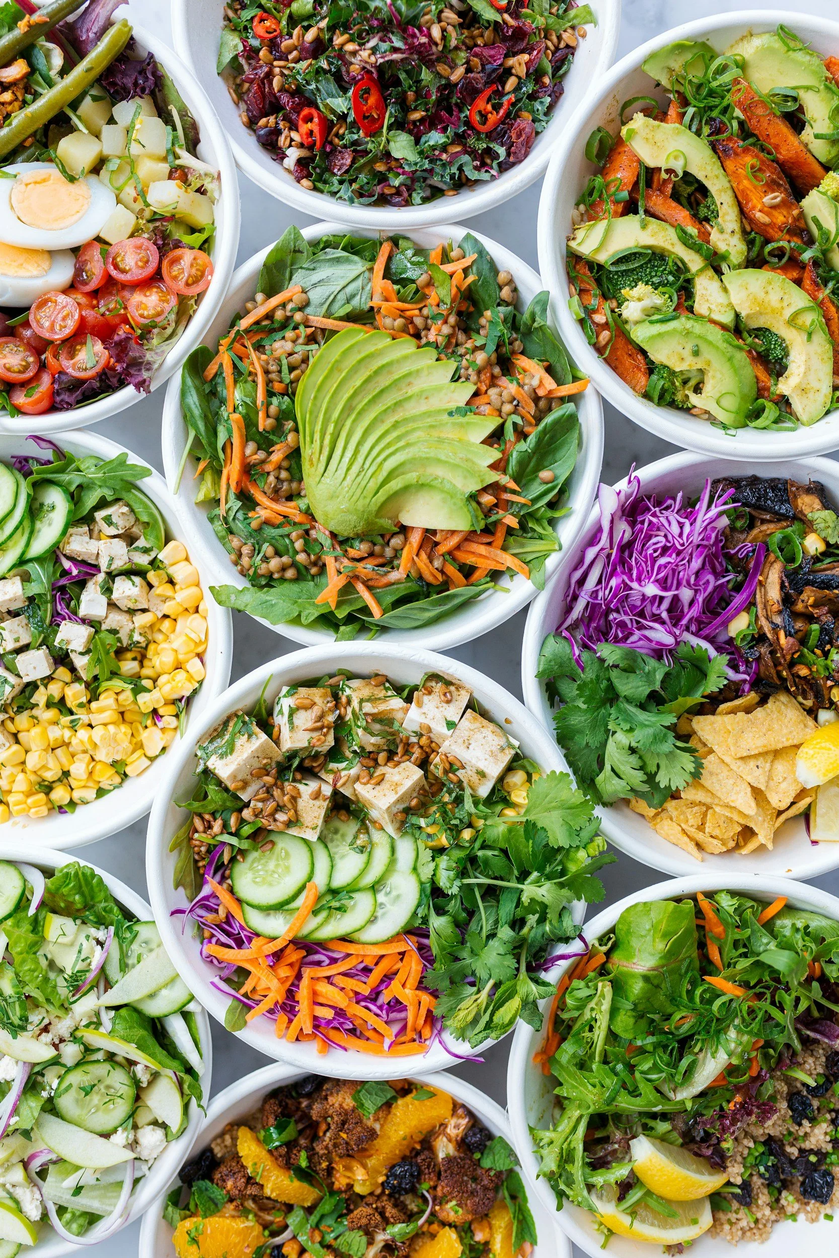 Assorted bowls of colorful salads with various vegetables, grains, and toppings.