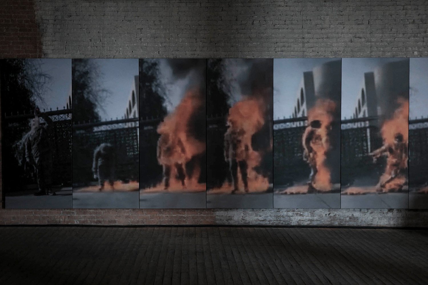 'Burning Man' artwork - from rp.1 exhibition in American Wasteland show, hyper realistic painting of Aaron Bushnell in Washington DC - political activism