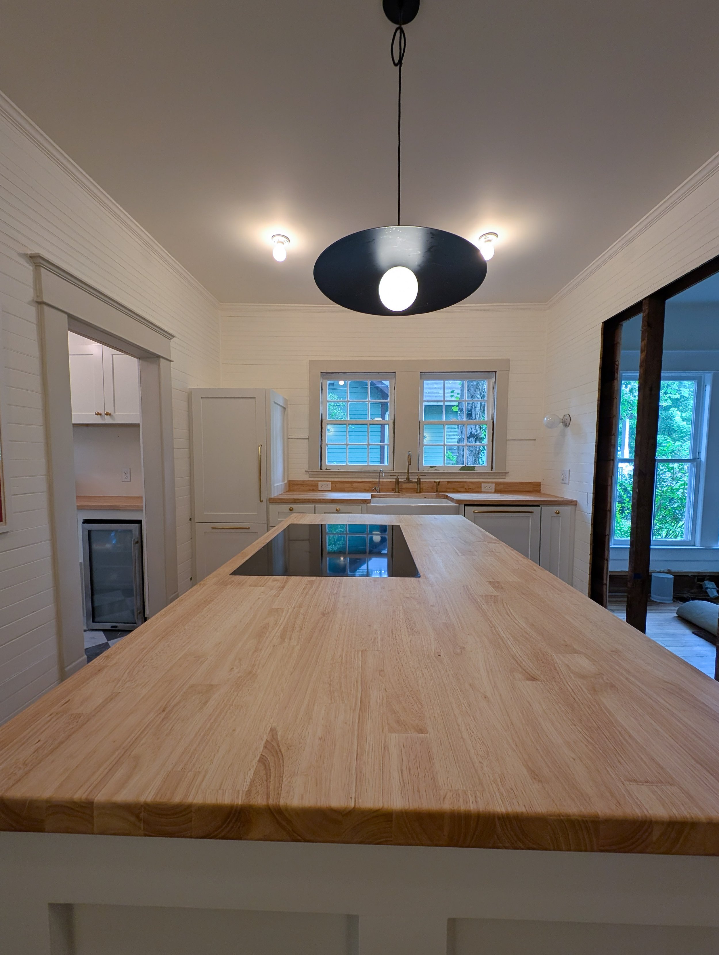 Full end view of island butcherblock countertops