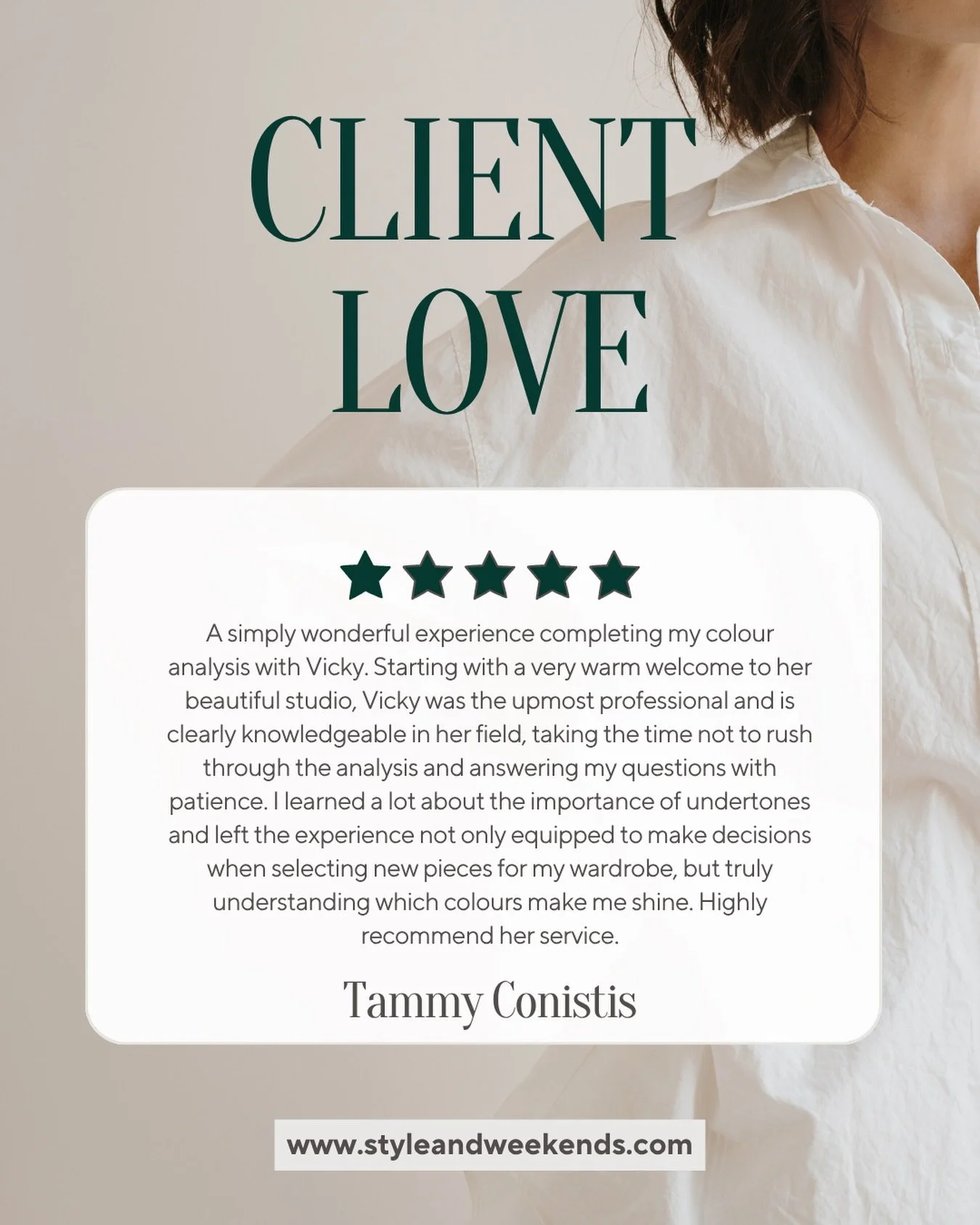 Five stars. And a whole new way of looking at your wardrobe. ⭐️

Tammy left her colour analysis with a better understanding of her undertones, the colours that complement her, and how to make more confident choices when adding to her wardrobe.

That&