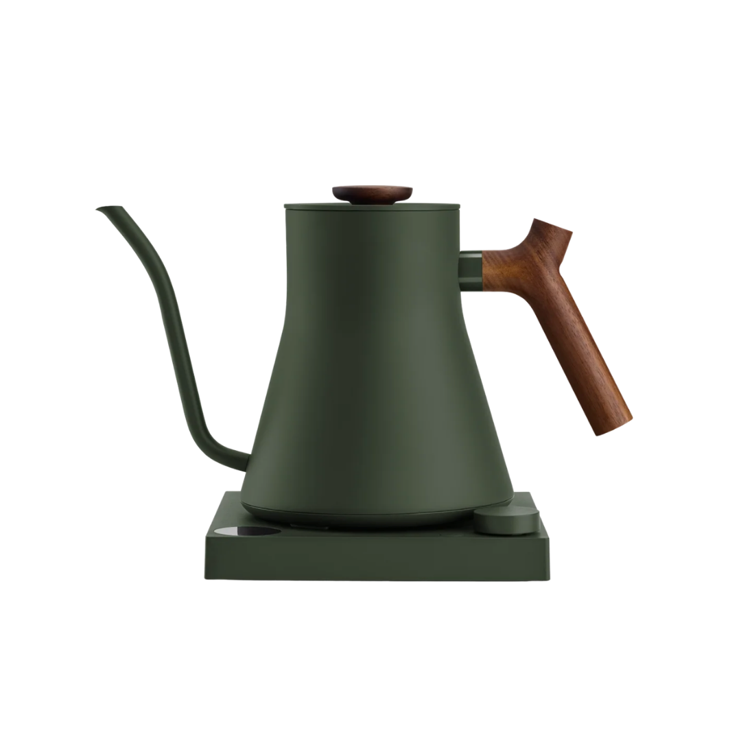 Fellow Stagg EKG electric gooseneck pour-over kettle in matte dark olive green with natural walnut wood handle