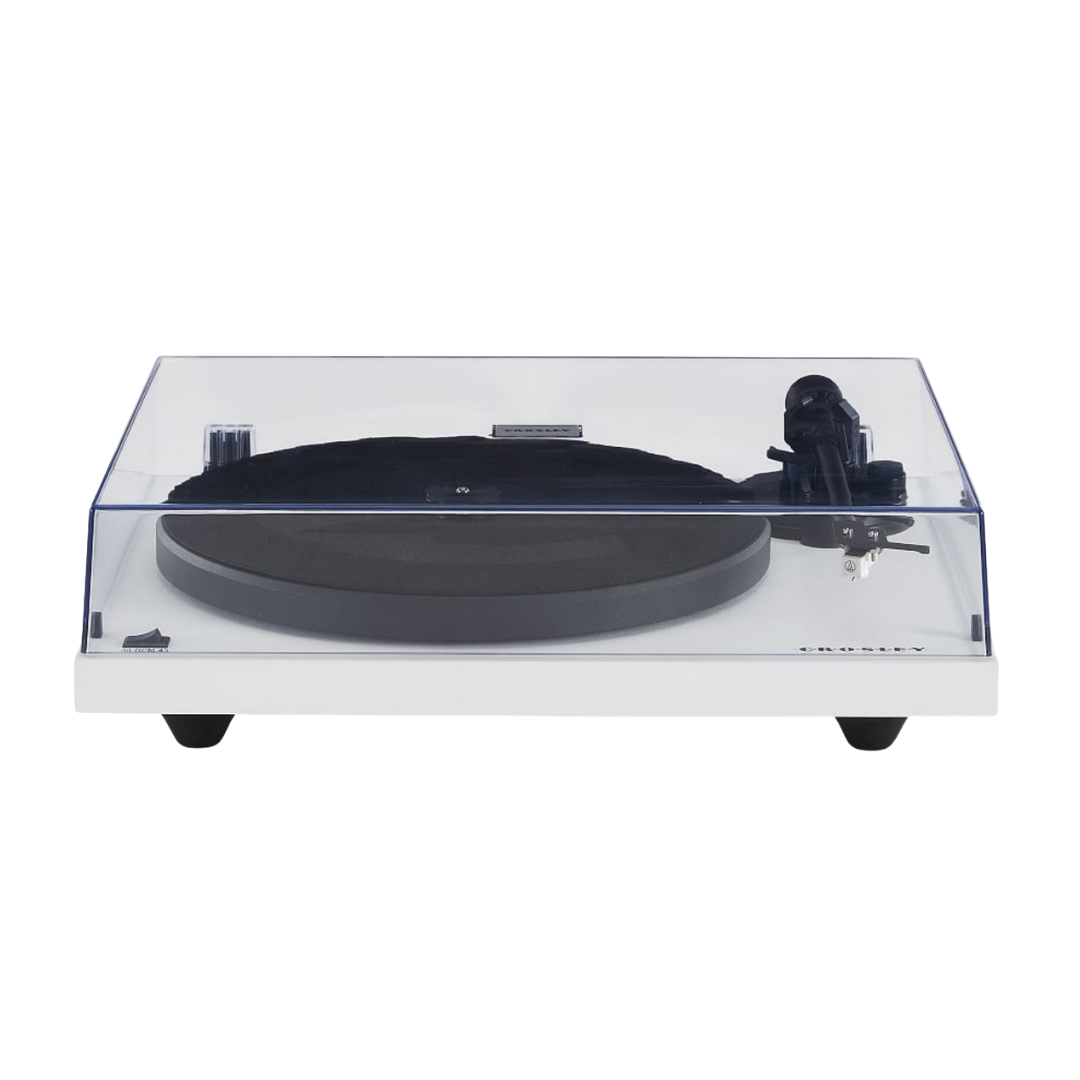 A minimalist white and black Crosley C6 record player with a clear dust cover.