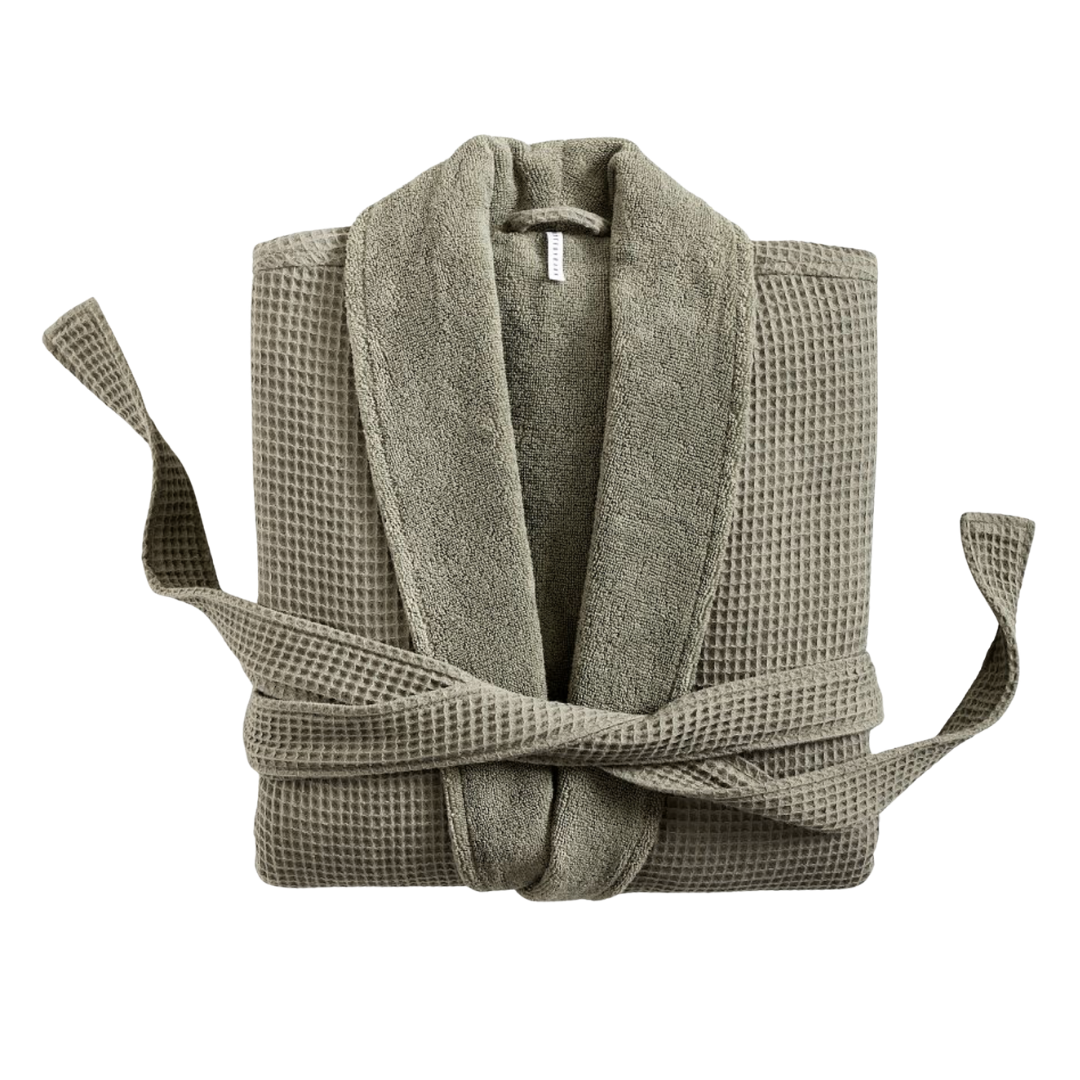 Luxury organic cotton waffle weave resort bathrobe in sage moss green with tie belt