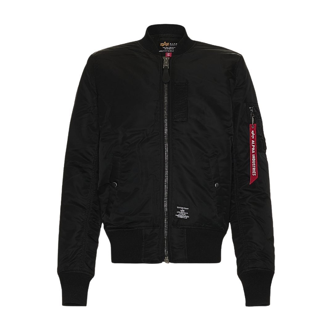A sleek black nylon bomber jacket featuring a utility zip pocket on the sleeve with a signature red 'Remove Before Flight' tag