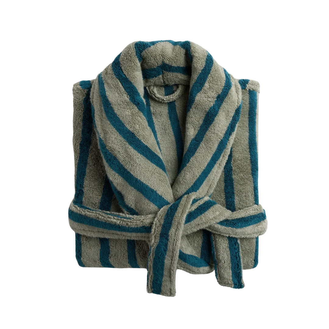 A thick, plush terry cloth bathrobe with dark teal and grey vertical stripes and a waist tie.