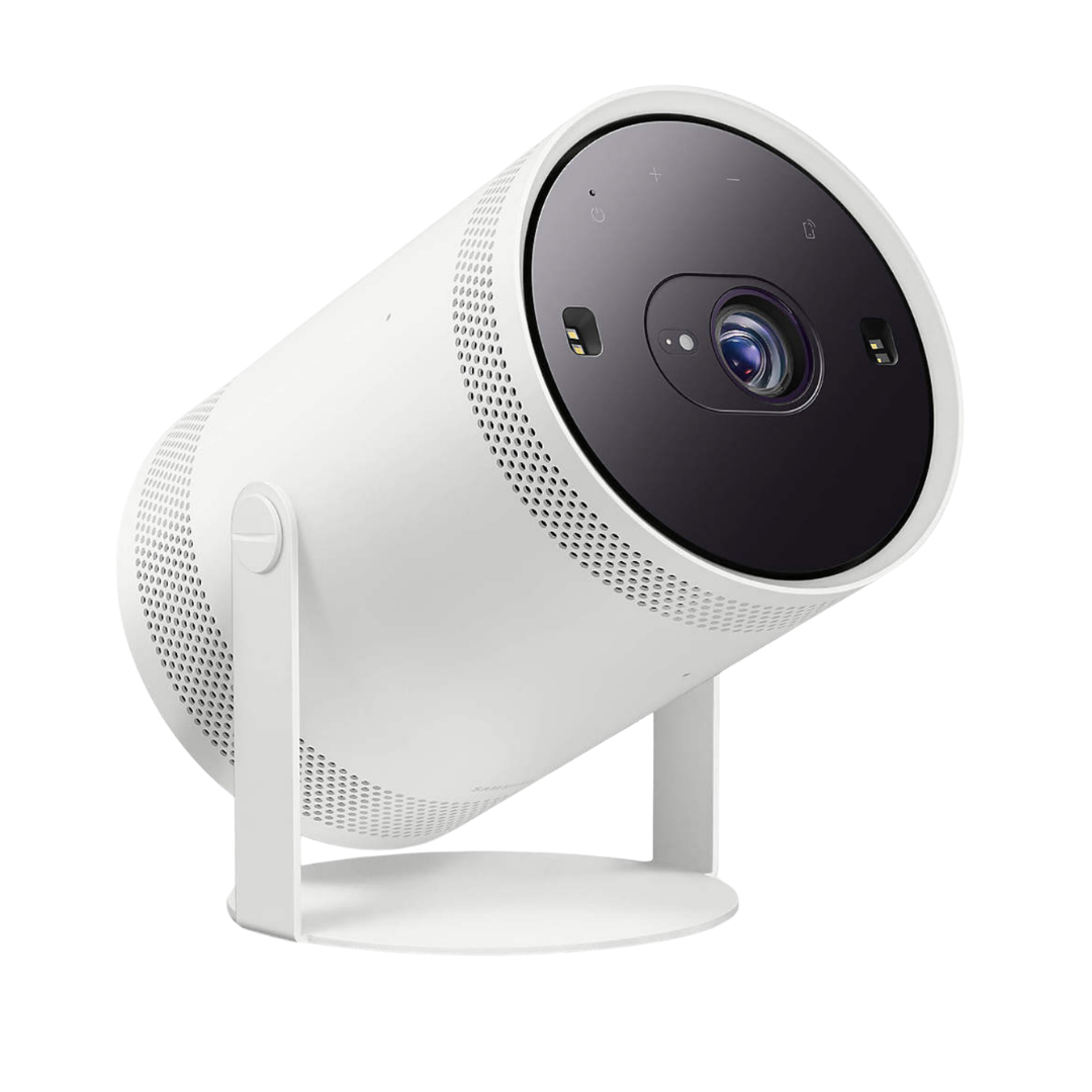A sleek white Samsung Freestyle portable projector with a circular black lens and minimalist stand.
