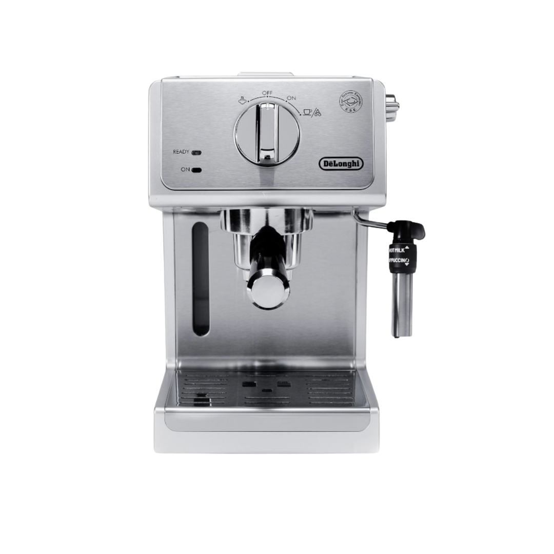 A professional-style stainless steel De'Longhi espresso machine with a silver steam wand and analog dial.
