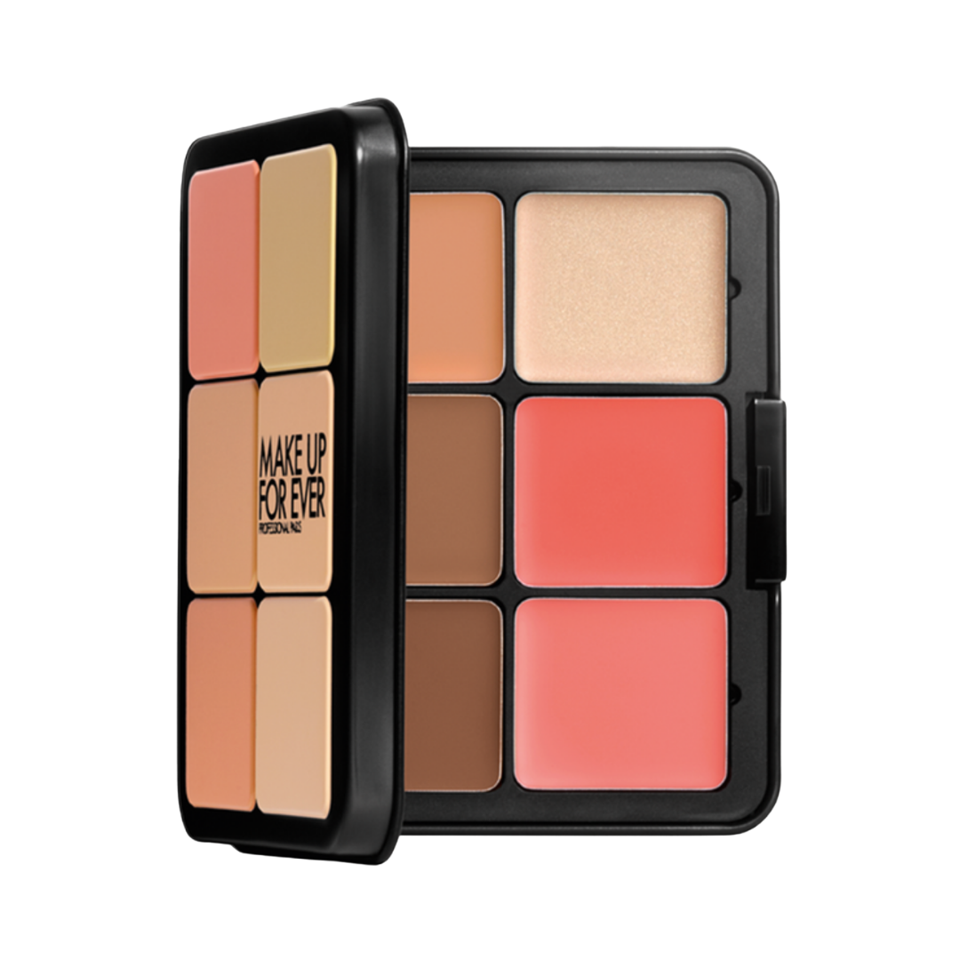 An open Makeup Forever palette featuring six creamy pans of foundation and blush in varied skin tones.