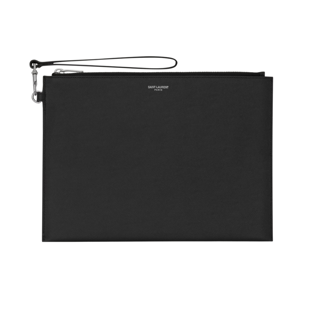 A sleek black leather tablet pouch with a top zipper and a thin wristlet strap.