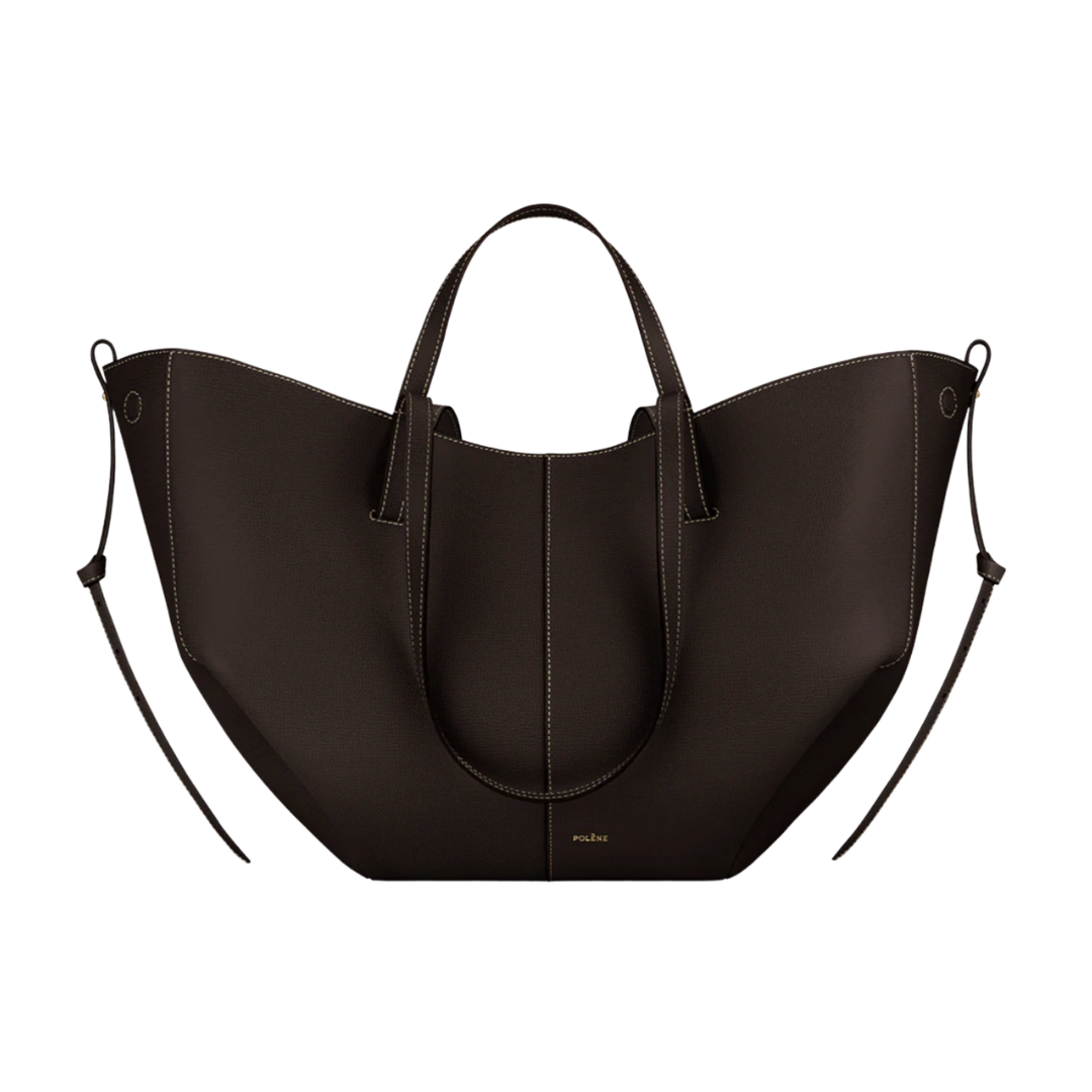 A large, dark chocolate brown Polène Cyme tote with an architectural winged silhouette and long leather straps.