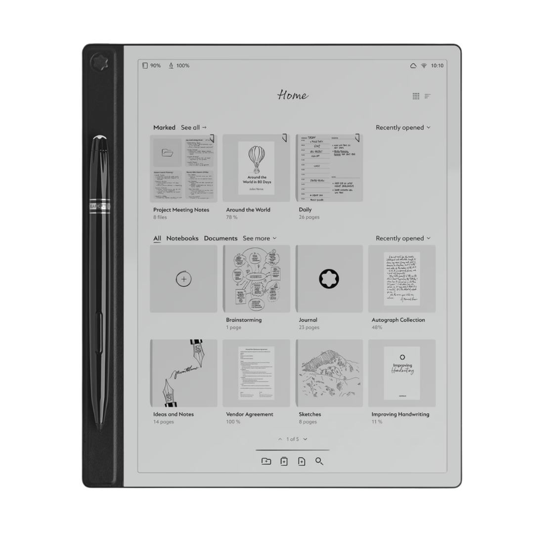A slim reMarkable digital paper tablet showing a library of notebooks, with a black stylus pen docked on the side.
