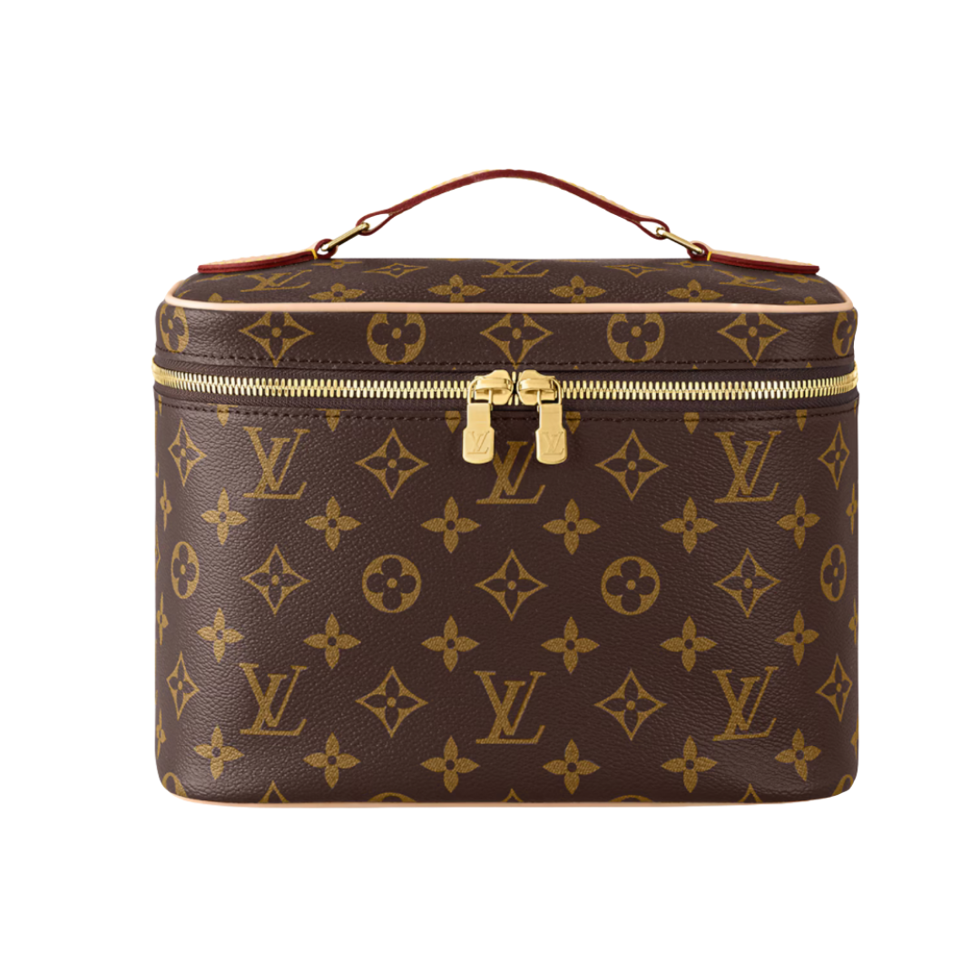A Louis Vuitton vanity travel case in classic brown monogram canvas with a vachetta leather top handle.