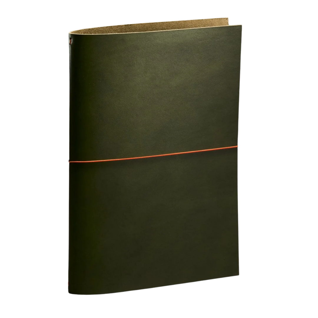 Dark olive green leather refillable notebook journal with orange elastic closure band